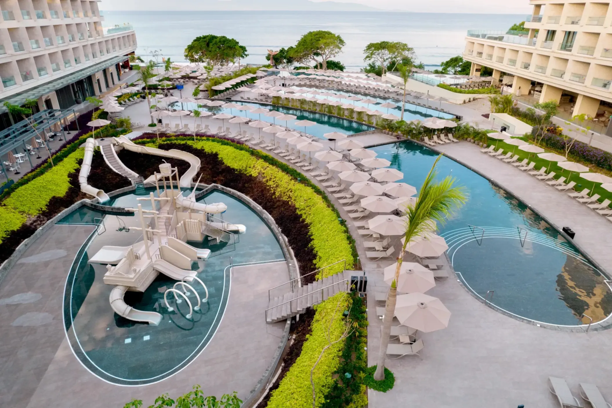 Aerial view of swimming pools and water slides at Dreams Bahia Mita, Puerto Vallarta