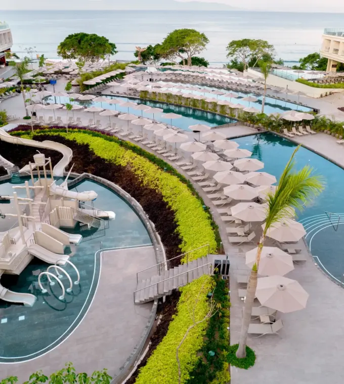 Aerial view of swimming pools and water slides at Dreams Bahia Mita, Puerto Vallarta