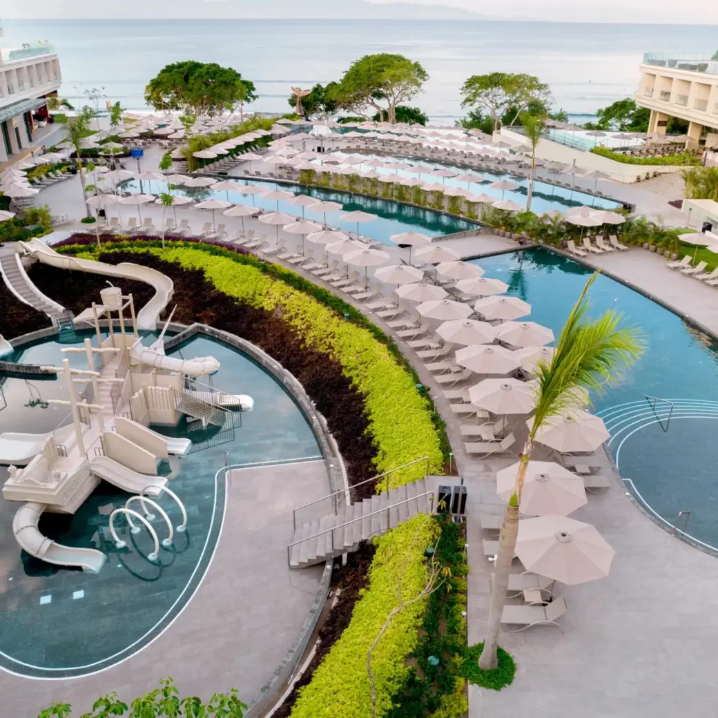 Aerial view of swimming pools and water slides at Dreams Bahia Mita, Puerto Vallarta