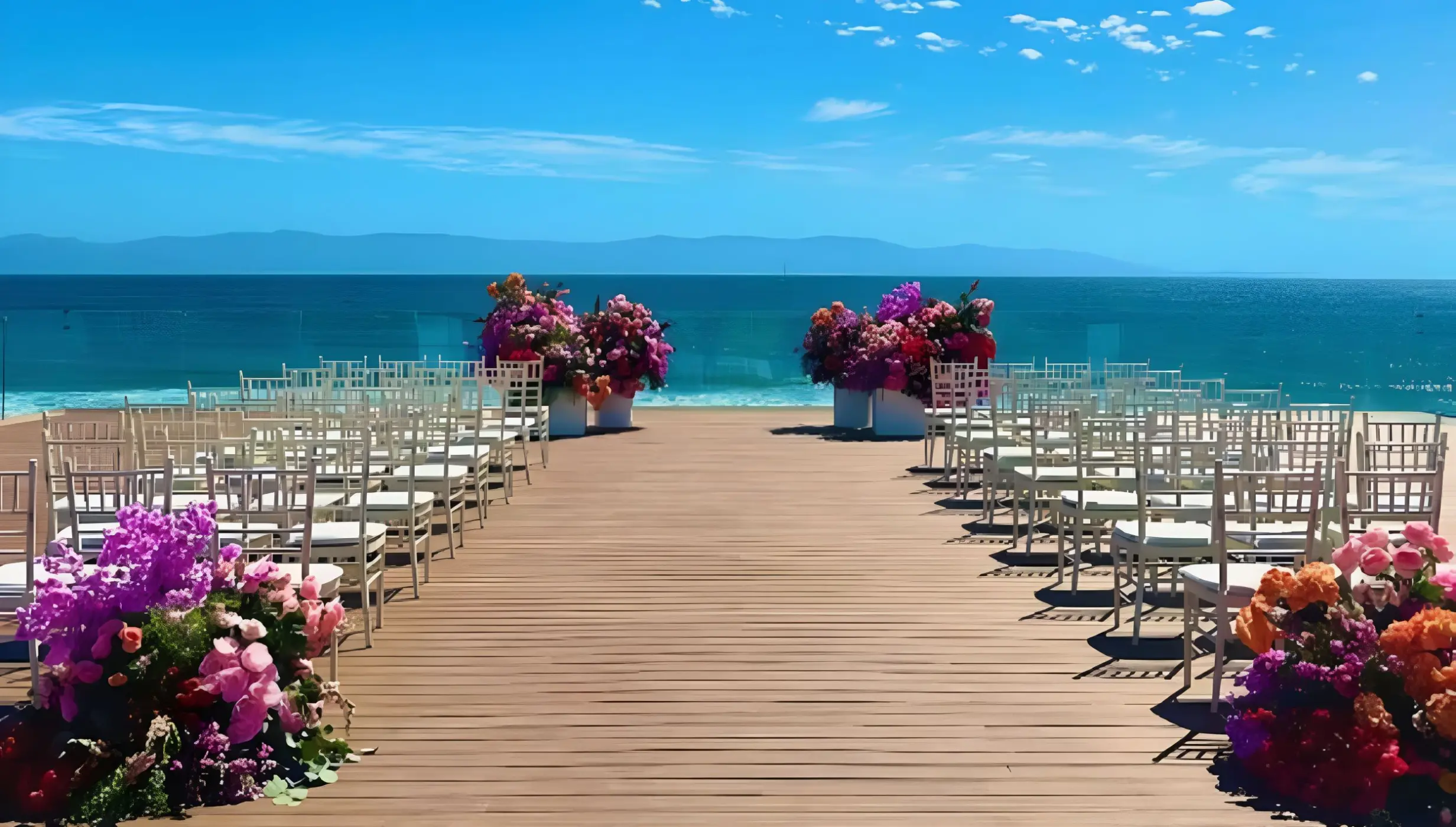ceremony setup at the wooden deck at the beach garden at dreams and secrets bahia mita