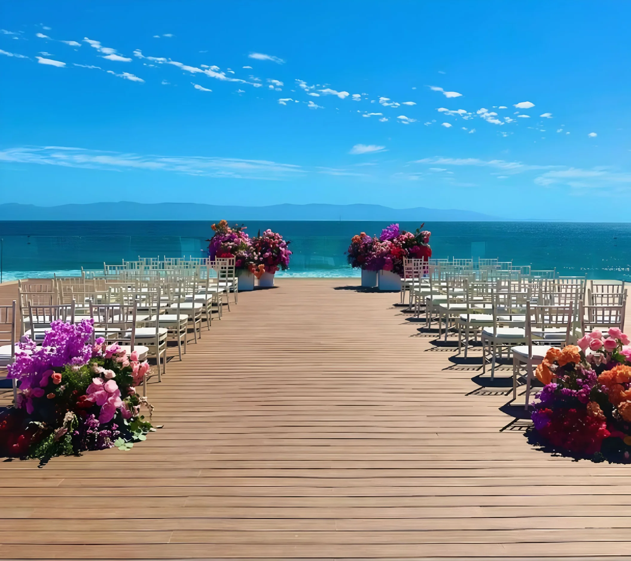 ceremony setup at the wooden deck at the beach garden at dreams and secrets bahia mita