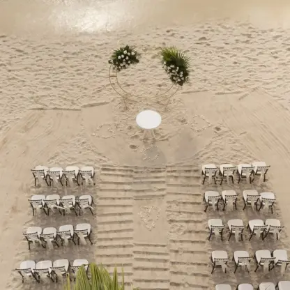 Overhead view of a beach wedding ceremony at Dreams Cozumel, Cozumel