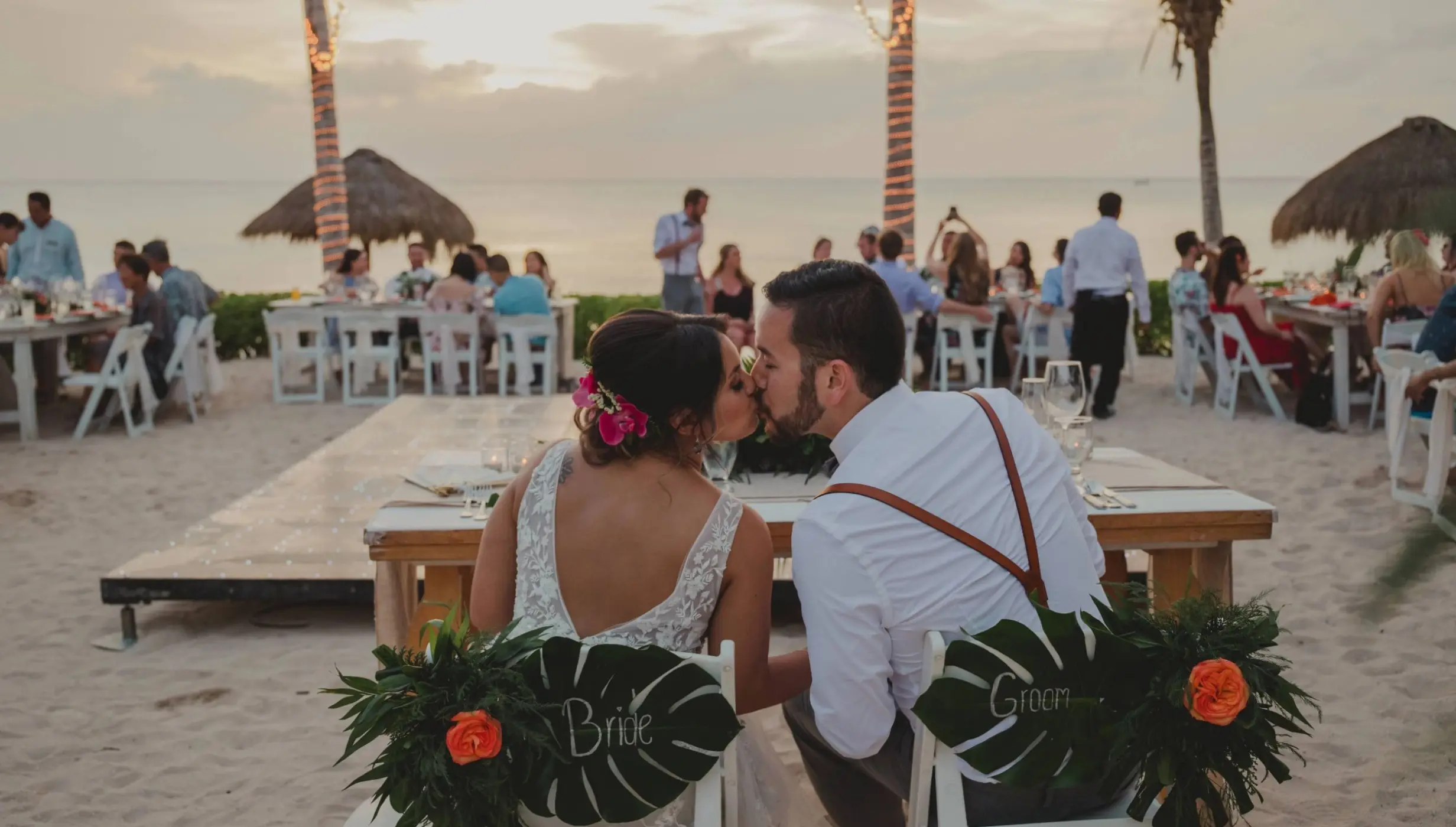 bride and groom at their beach reception at Dreams Cozumel Cape Resort & Spa