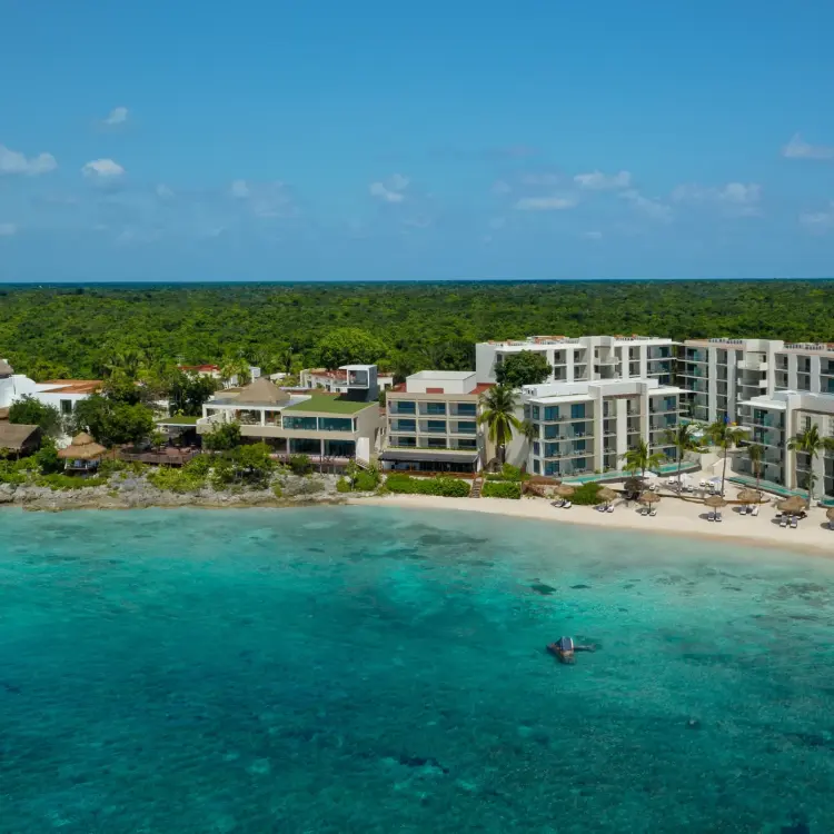 Aerial view of Dreams Cozumel Cape buildings and beach, Cozumel