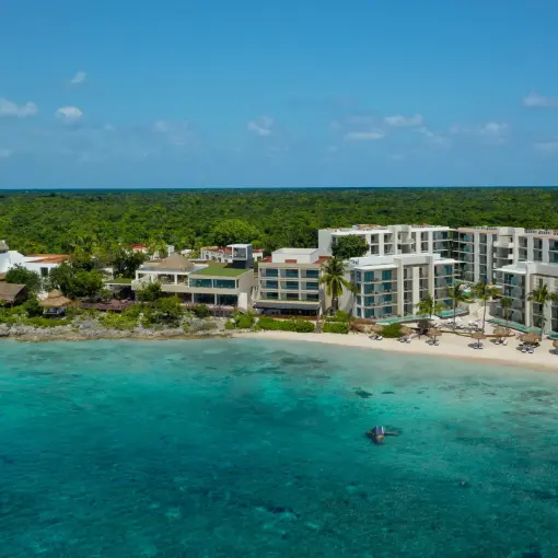 Aerial view of Dreams Cozumel Cape buildings and beach, Cozumel