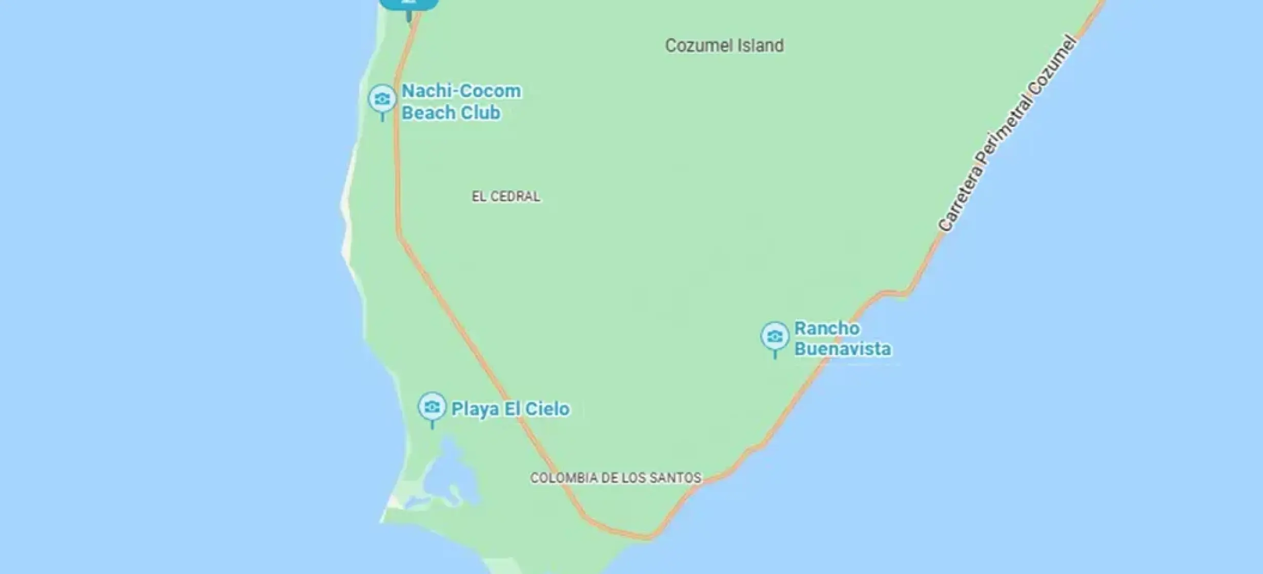 Map showing the location of Dreams Cozumel on the southwestern coast of Cozumel island