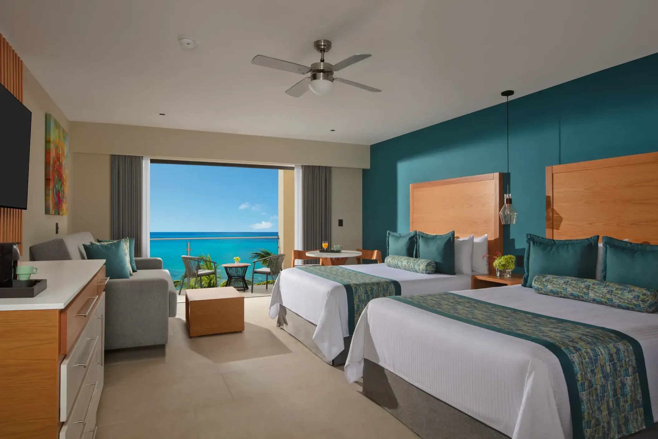 Preferred Club Junior Suite Ocean Front with double beds and balcony at Dreams Cozumel, Cozumel
