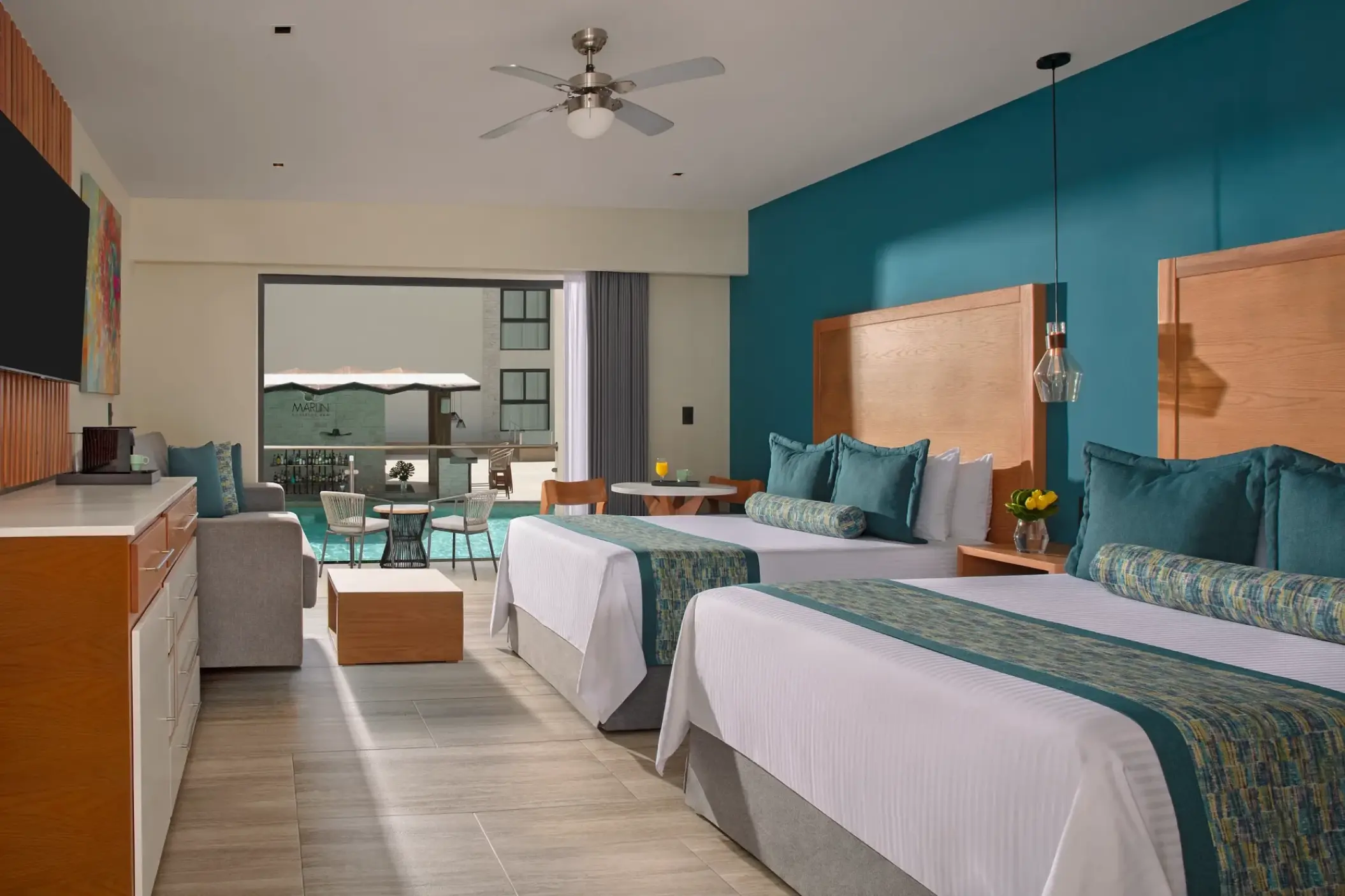 Preferred Club Junior Suite with two double beds and pool view at Dreams Cozumel, Cozumel