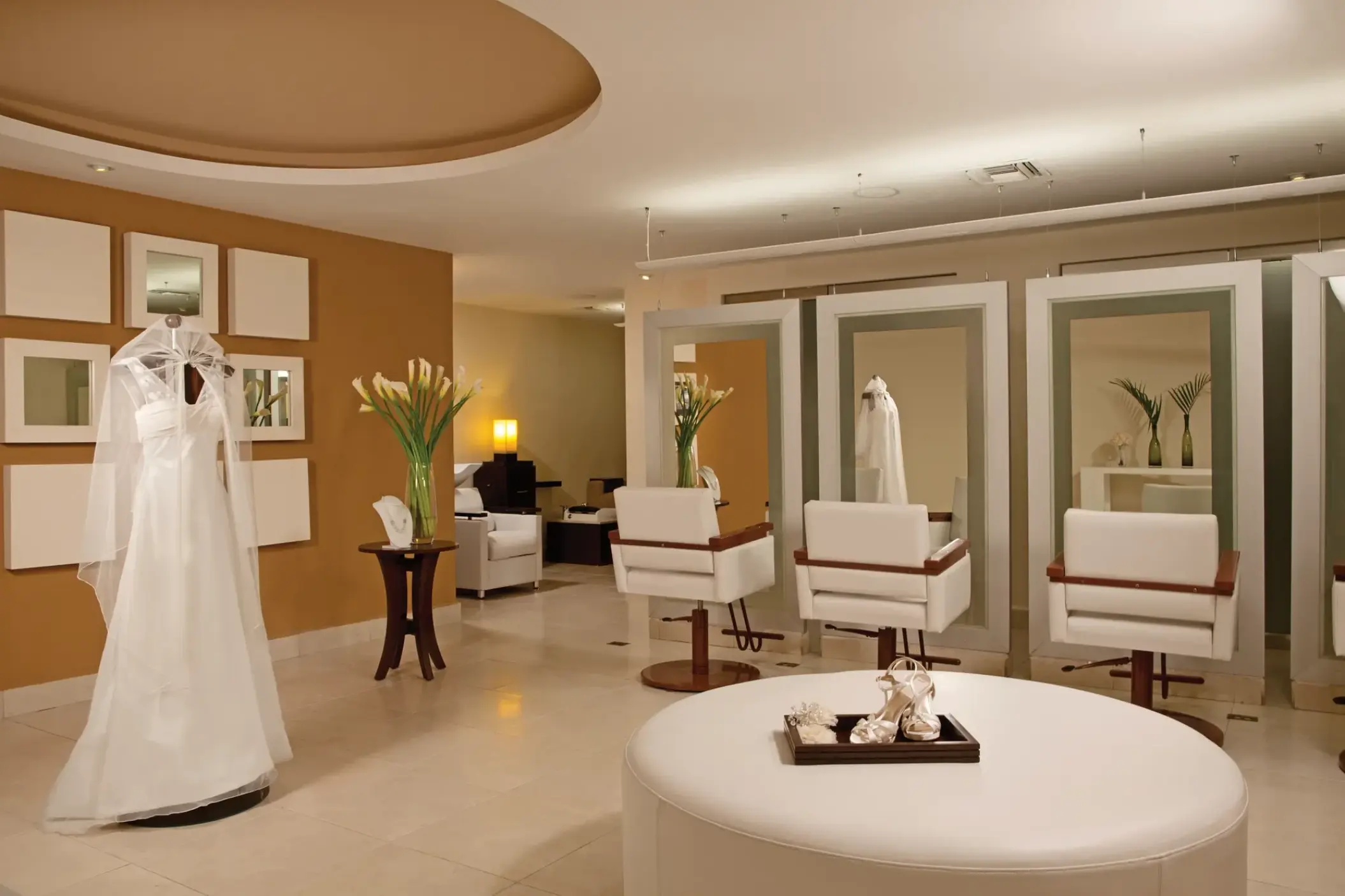 Bridal suite with mirrors and wedding dress on a mannequin at Dreams Cozumel, Cozumel