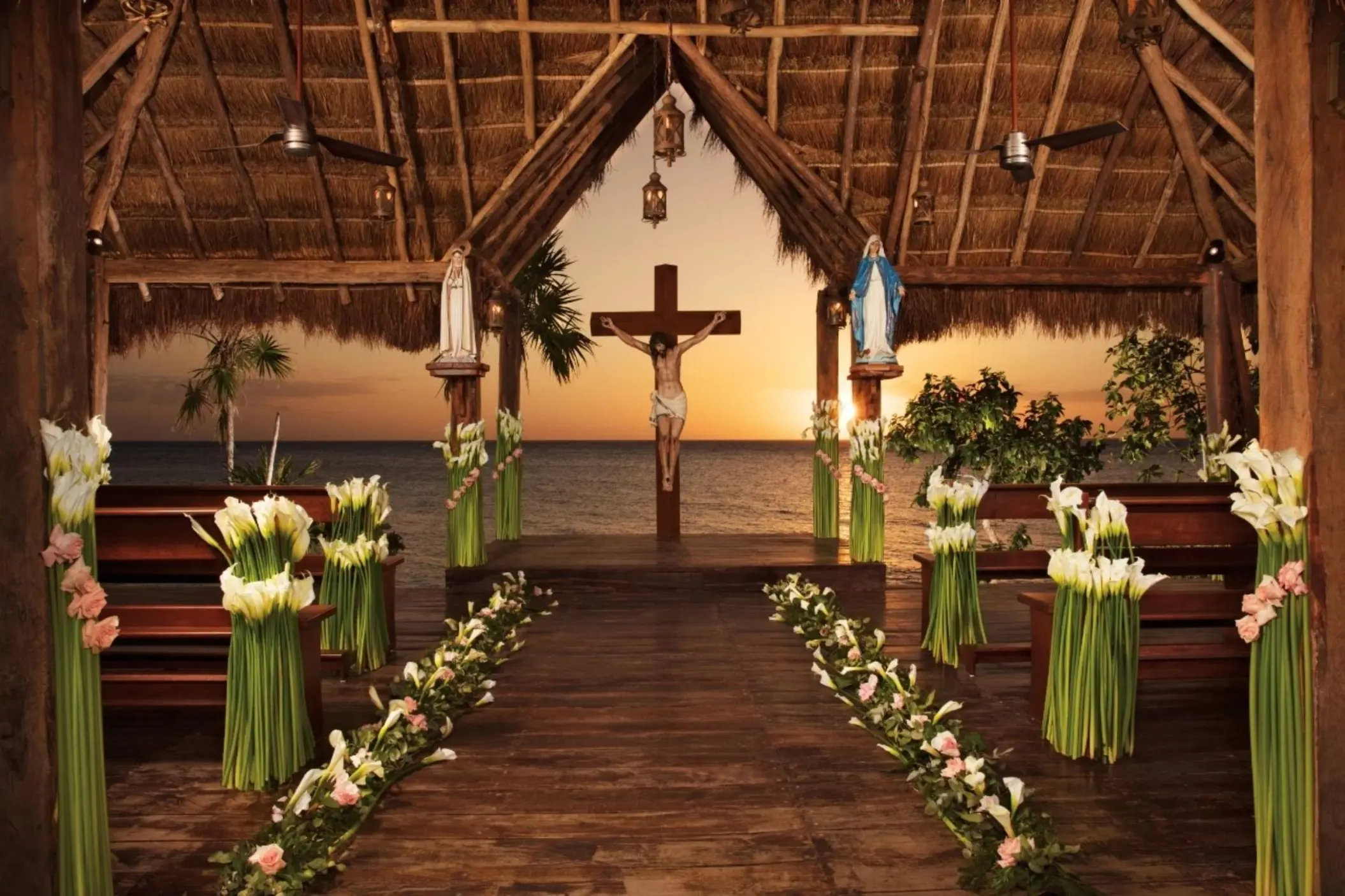 Catholic chapel wedding ceremony at Dreams Cozumel at sunset, Cozumel