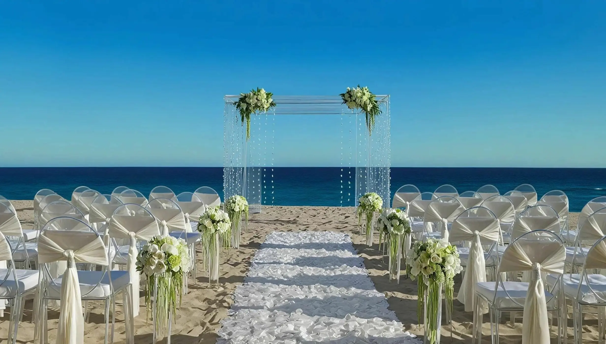 Beachfront wedding ceremony with white floral arch and ghost chairs at Dreams Curacao, Willemstad