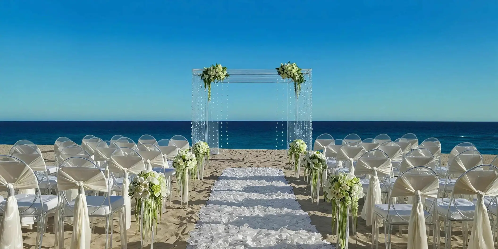 Beachfront wedding ceremony with white floral arch and ghost chairs at Dreams Curacao, Willemstad