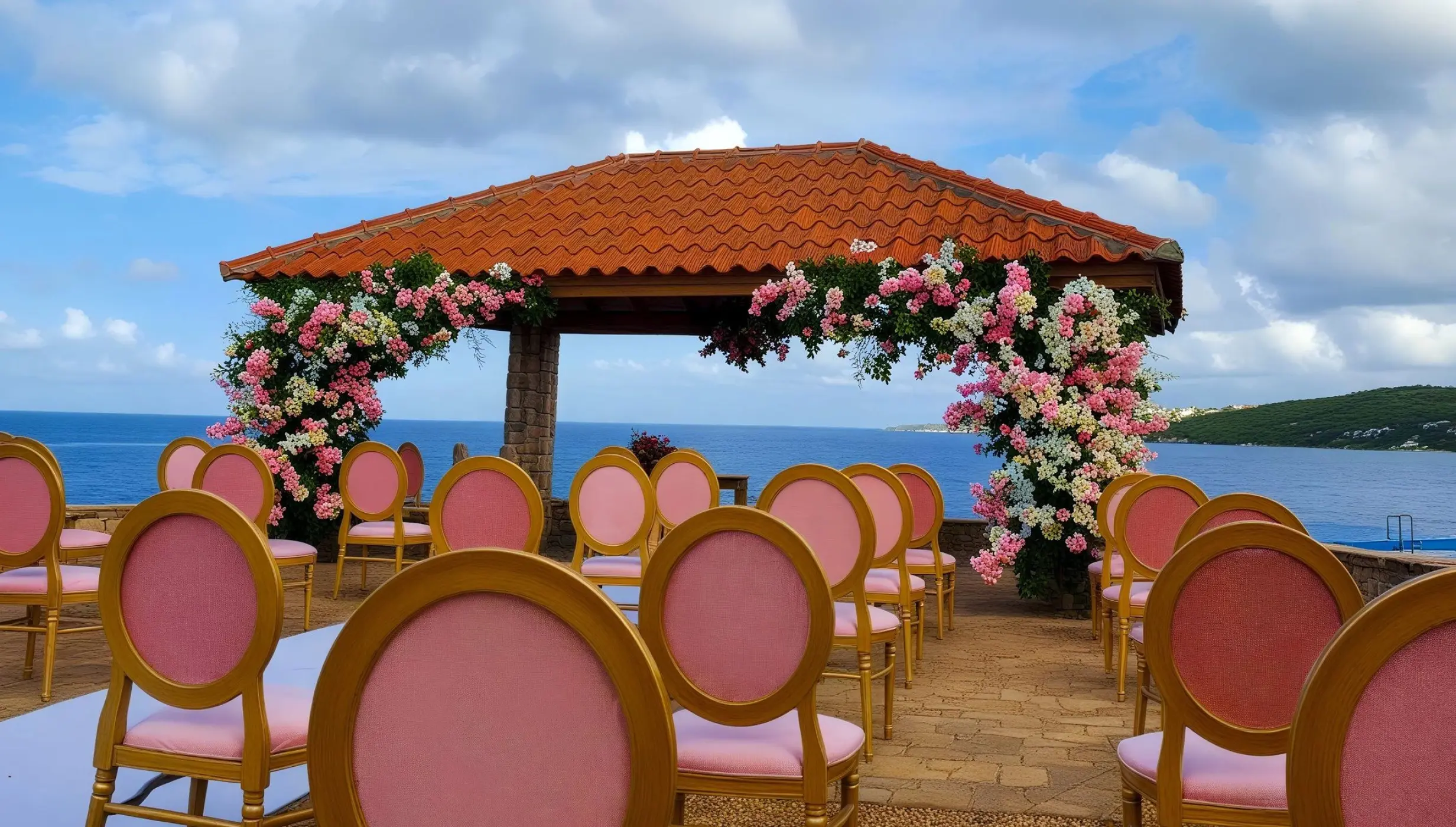 Oceanfront wedding ceremony gazebo with pink floral arrangements and chairs at Dreams Curacao, Willemstad