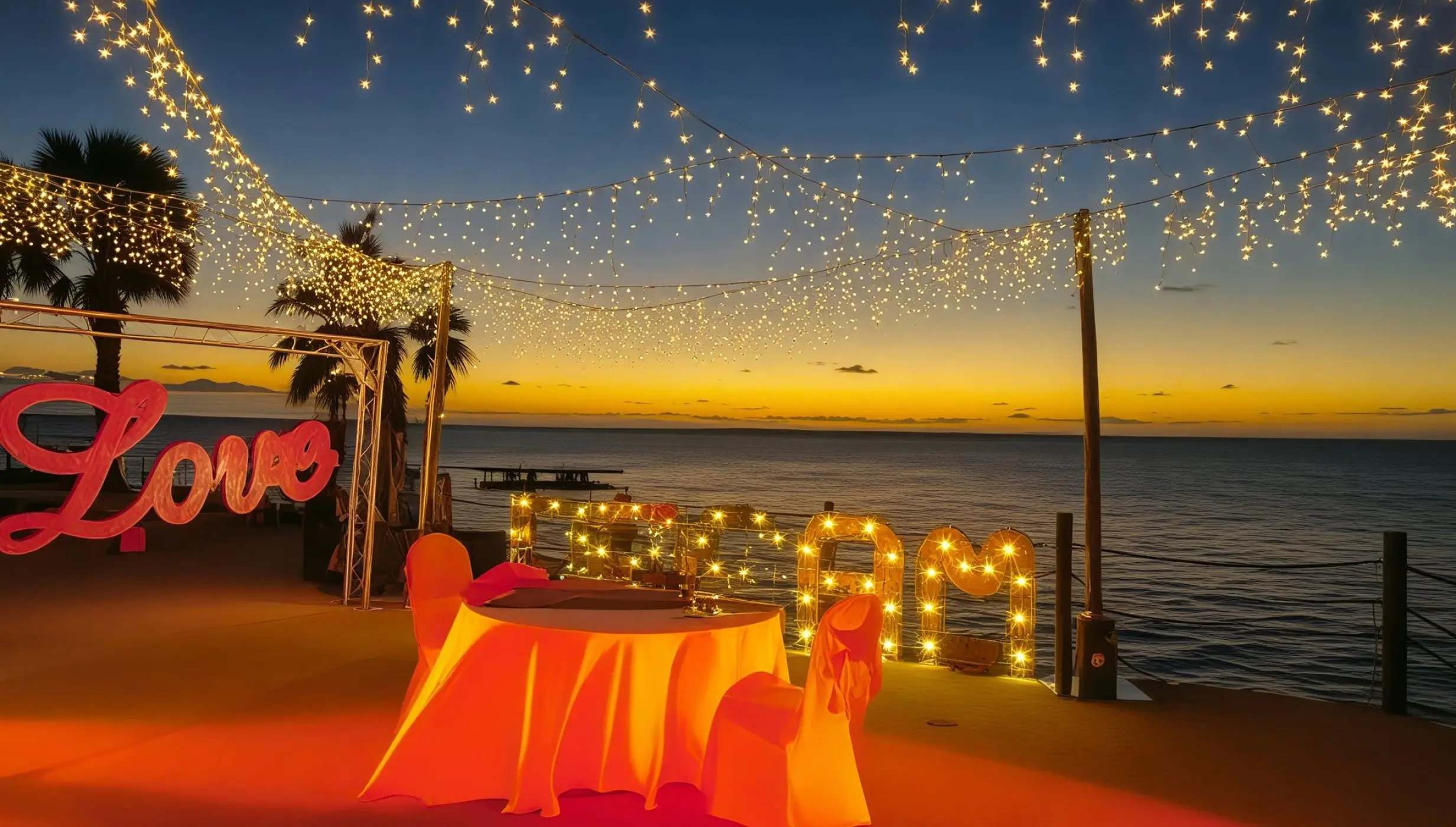 Oceanfront plateau wedding reception with fairy lights and a Love sign at Dreams Curacao, Willemstad