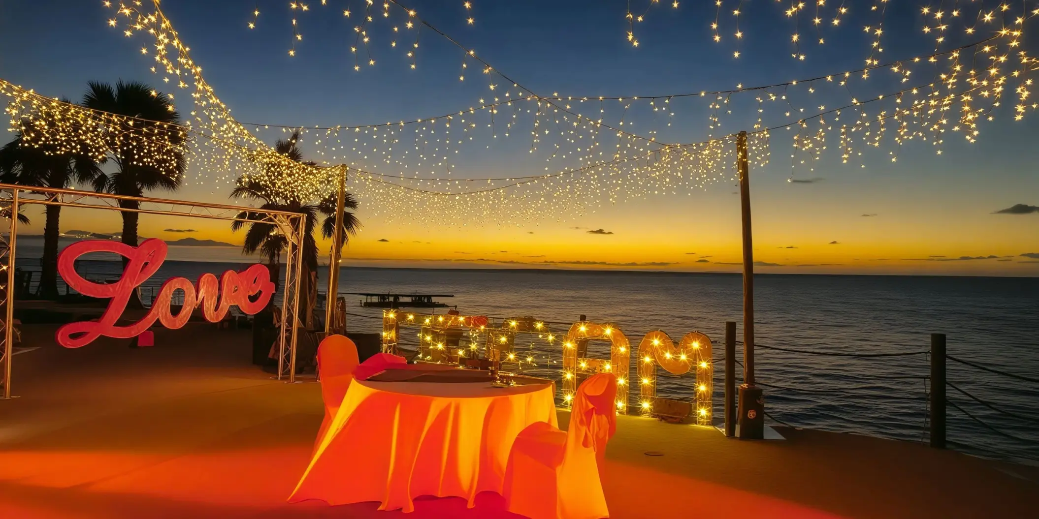 Oceanfront plateau wedding reception with fairy lights and a Love sign at Dreams Curacao, Willemstad