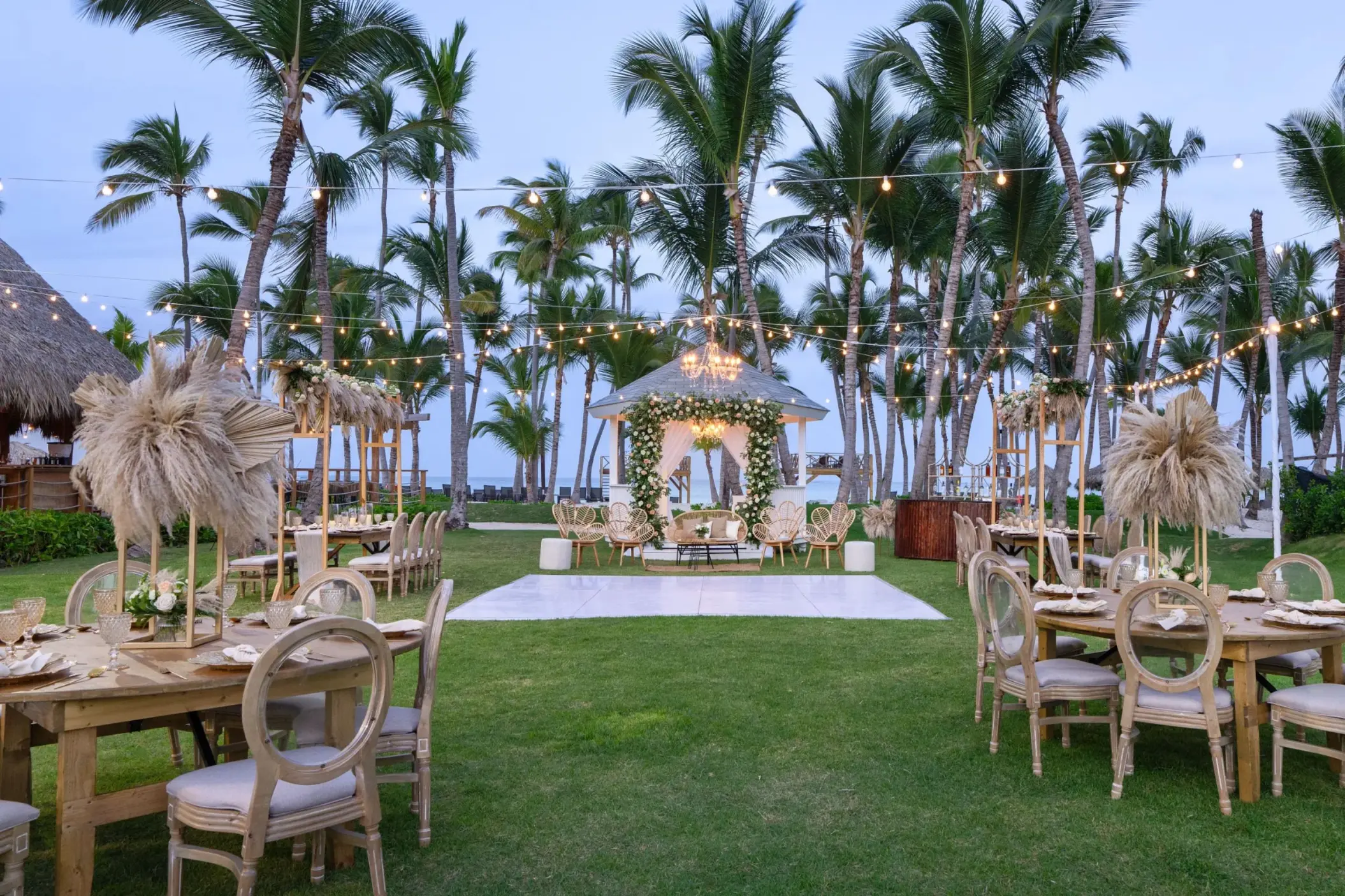 Garden gazebo wedding ceremony and outdoor reception at Dreams Flora, Punta Cana