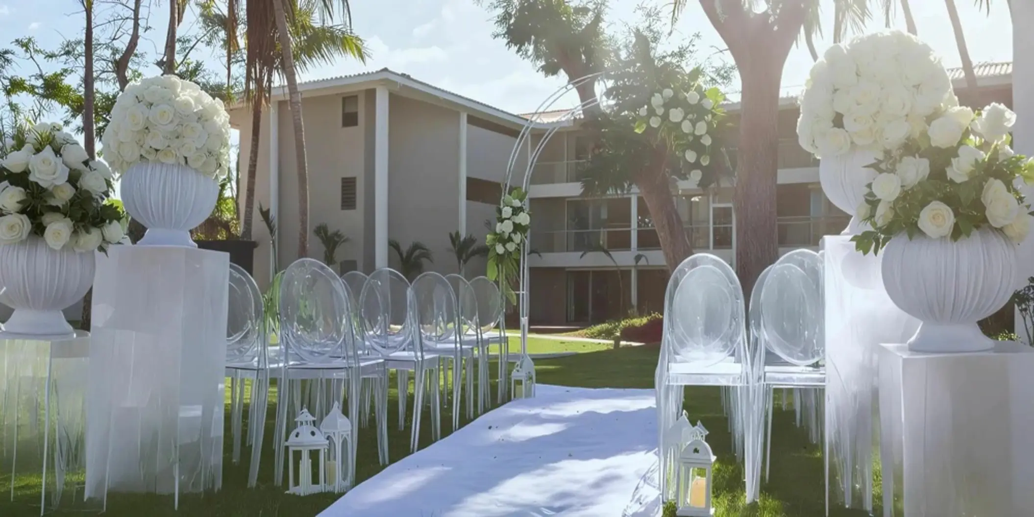 Garden wedding ceremony with clear chairs and white floral arrangements at Dreams Flora, Punta Cana