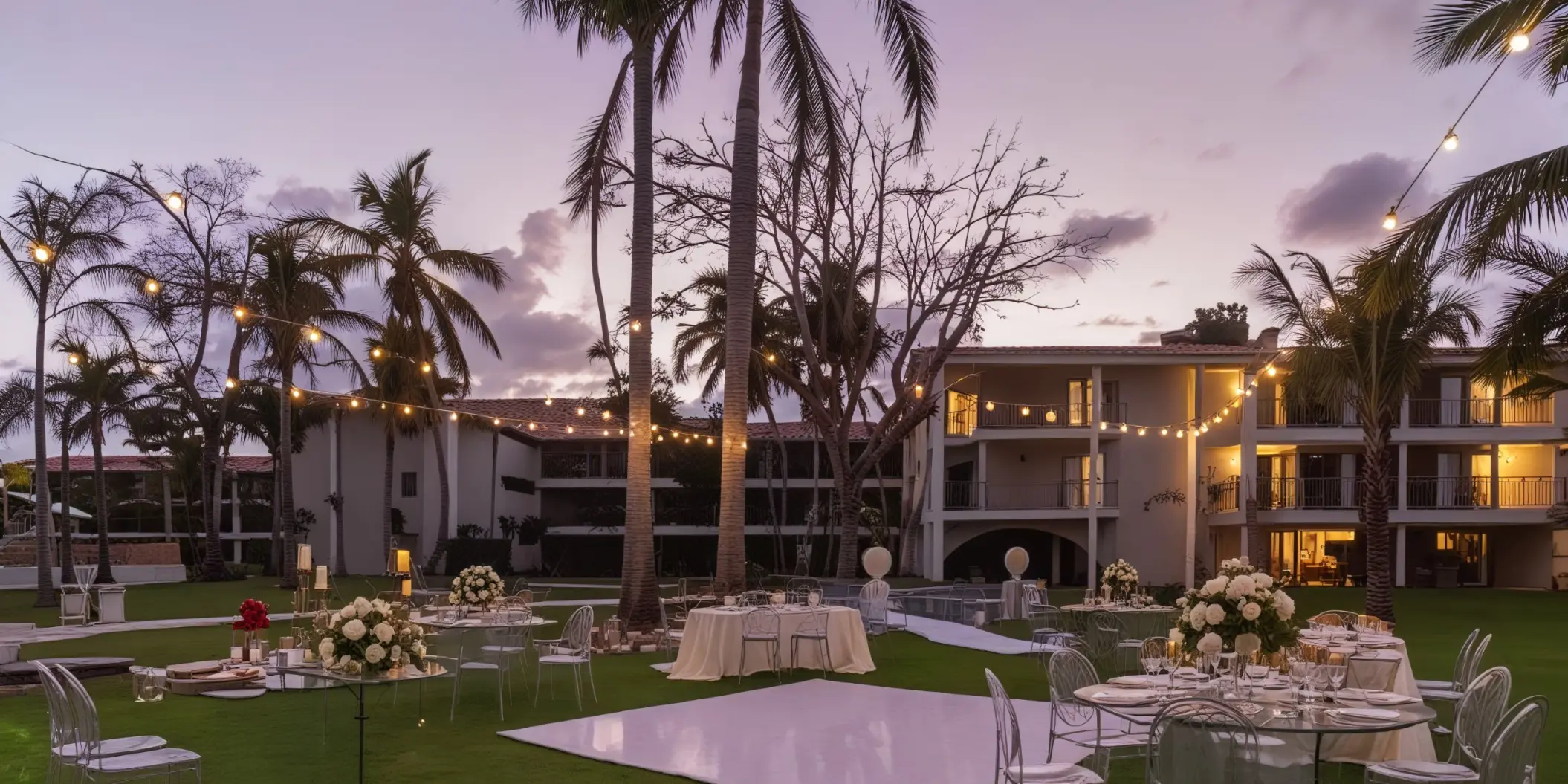 Outdoor garden wedding reception with string lights and white dance floor at Dreams Flora, Punta Cana