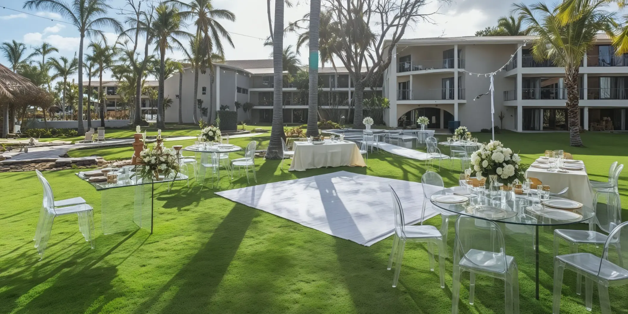 Garden wedding reception at Dreams Flora, Punta Cana with clear chairs and white floral centerpieces