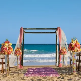 Beachfront wedding ceremony with a dark wood huppah and pink florals at Dreams Jade, Riviera Maya