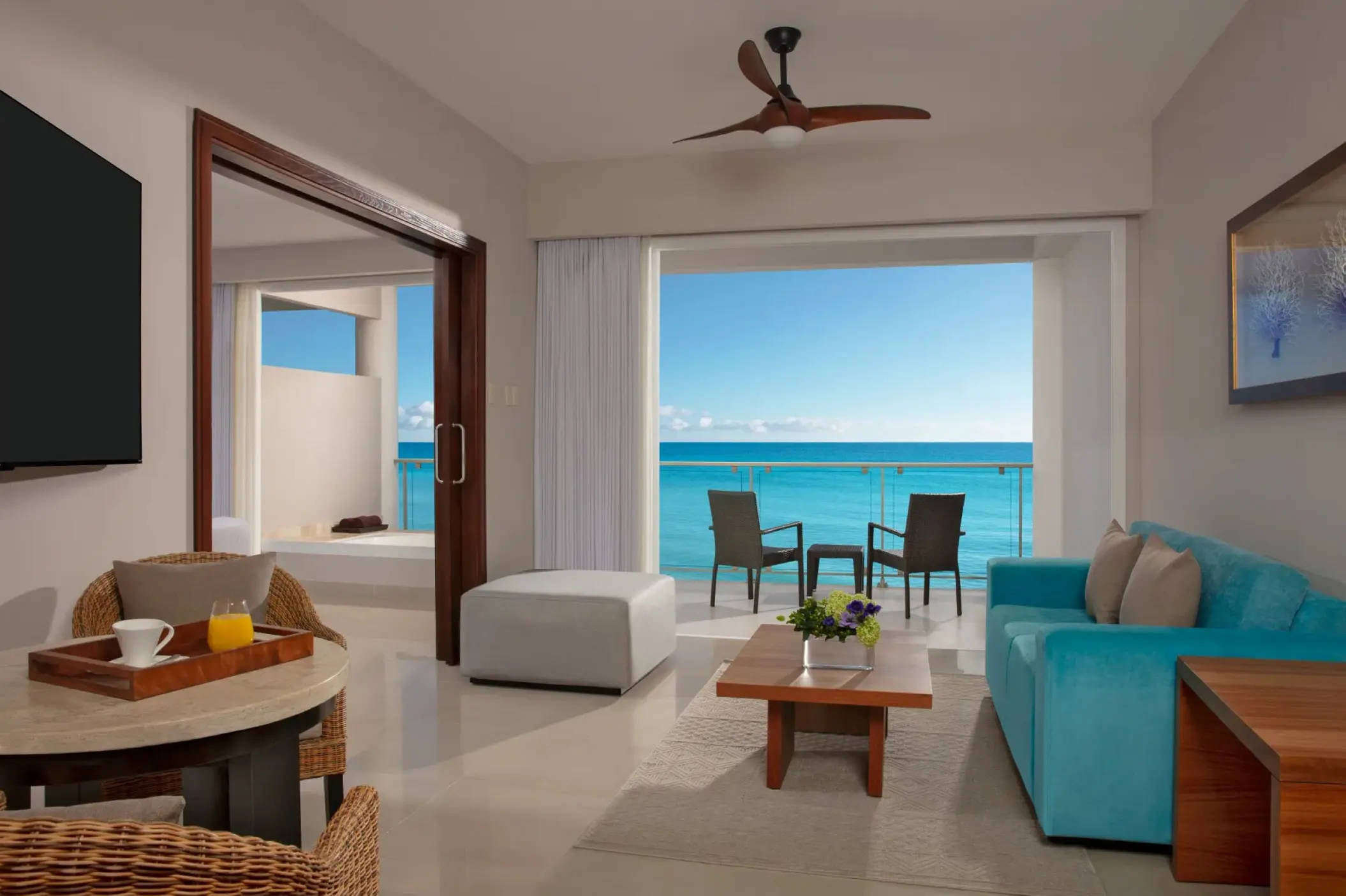 Preferred Club oceanfront suite living area at Dreams Jade, Riviera Maya