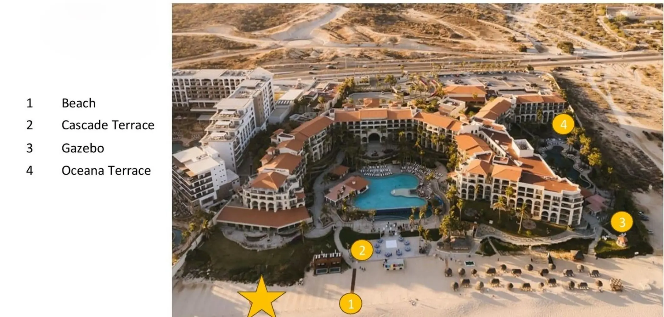 Aerial view of wedding venues at Dreams Los Cabos, including the beach, gazebo, and terraces, Cabo San Lucas