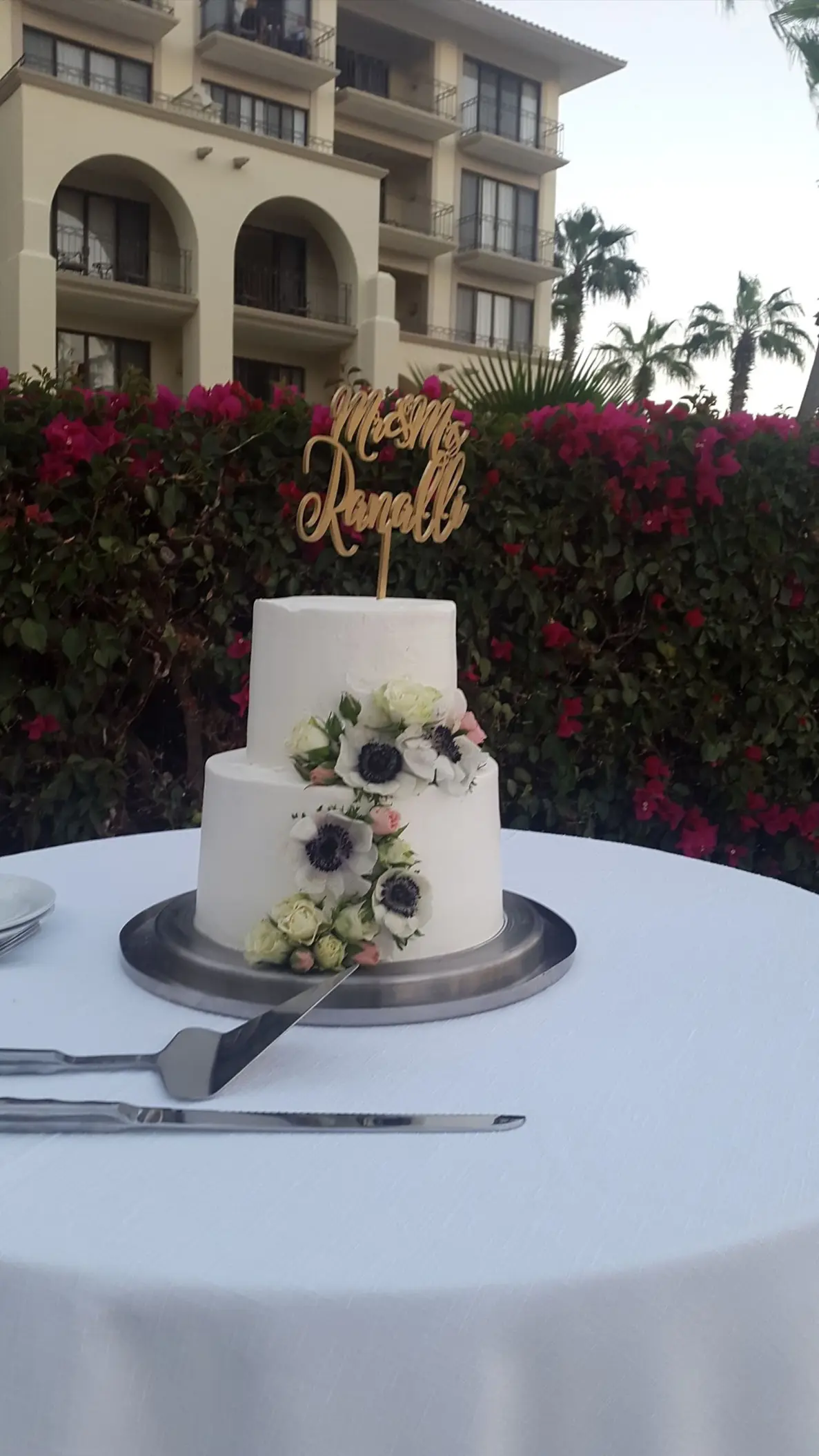 Two-tier white wedding cake with floral accents and a gold topper at Dreams Los Cabos, Cabo San Lucas