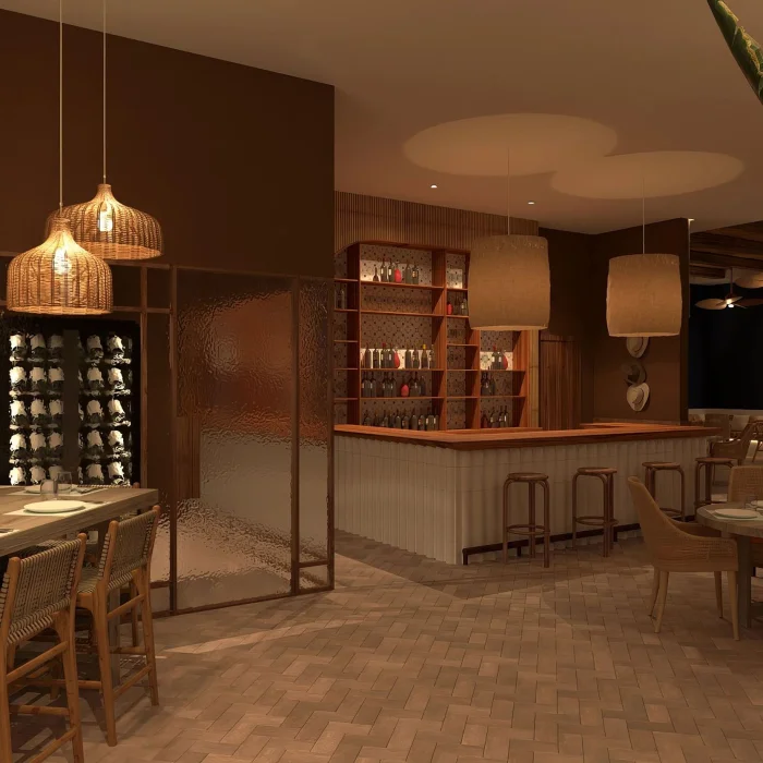 The sophisticated interior of the 1844 restaurant with a bar, wicker lamps, and a wine display.