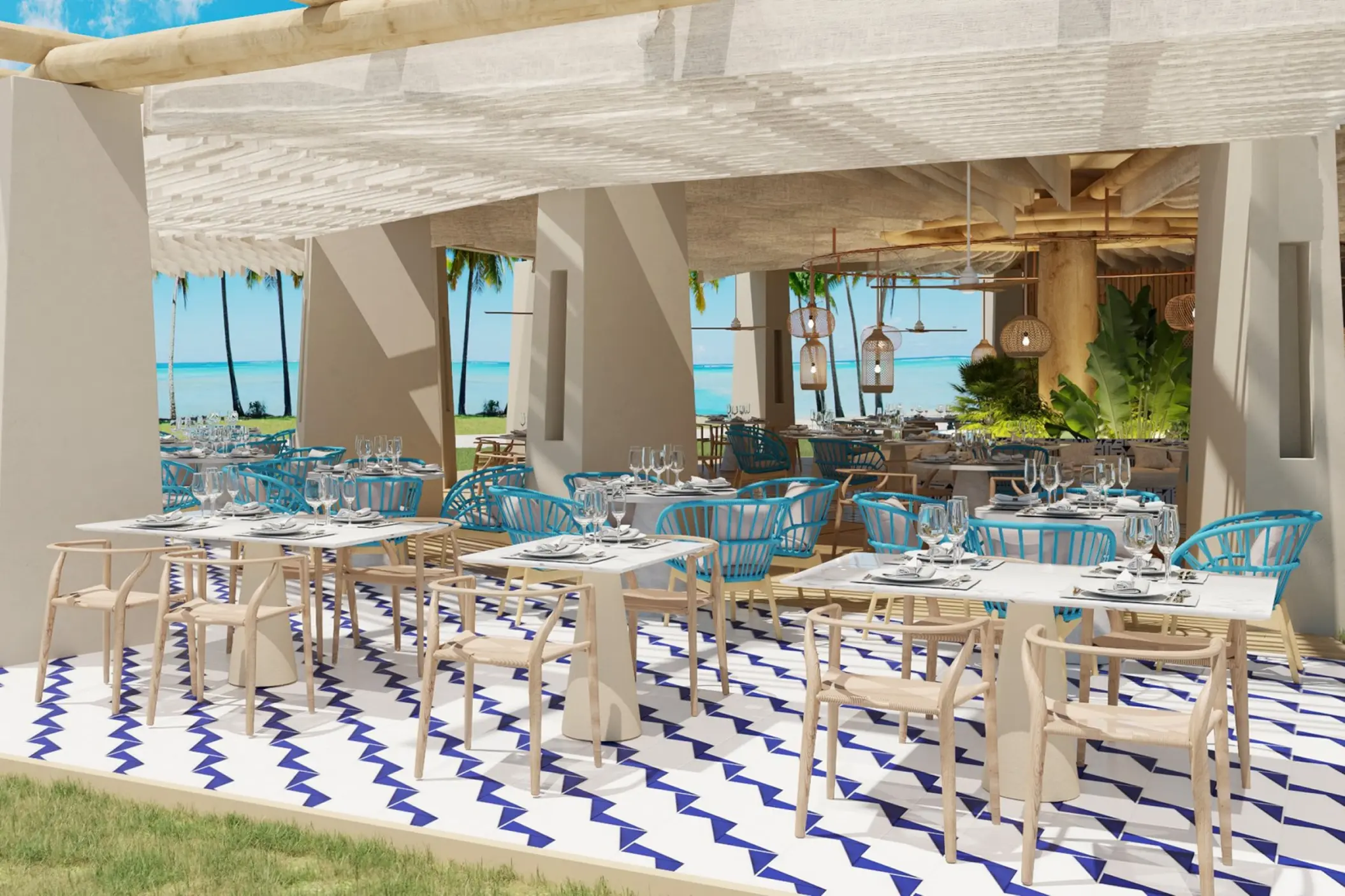 Bluewater Grill outdoor restaurant with blue and white tiled flooring at Dreams Playa Esmeralda, Miches