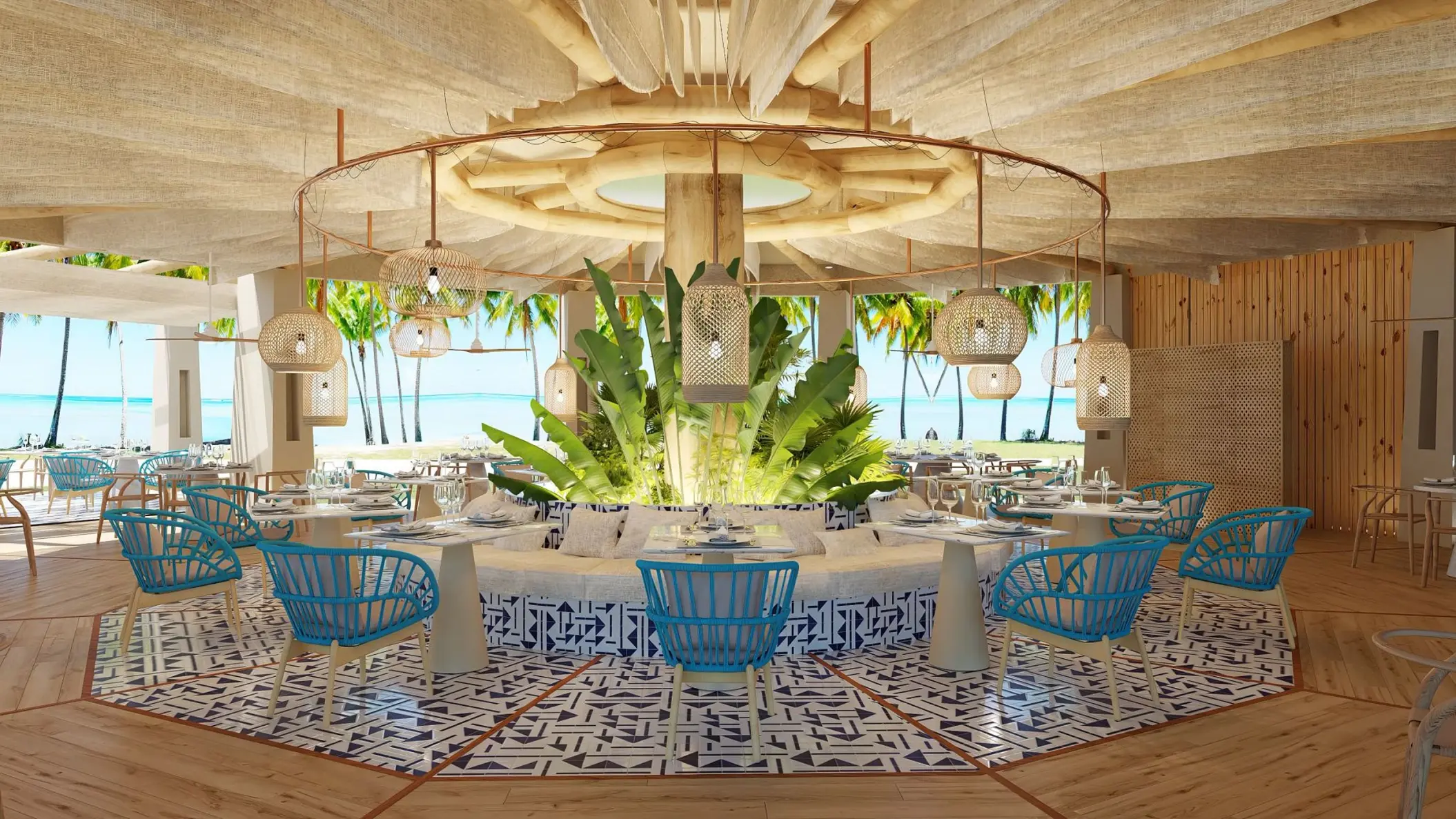 Bluewater Grill restaurant with blue chairs and tropical greenery at Dreams Playa Esmeralda, Miches