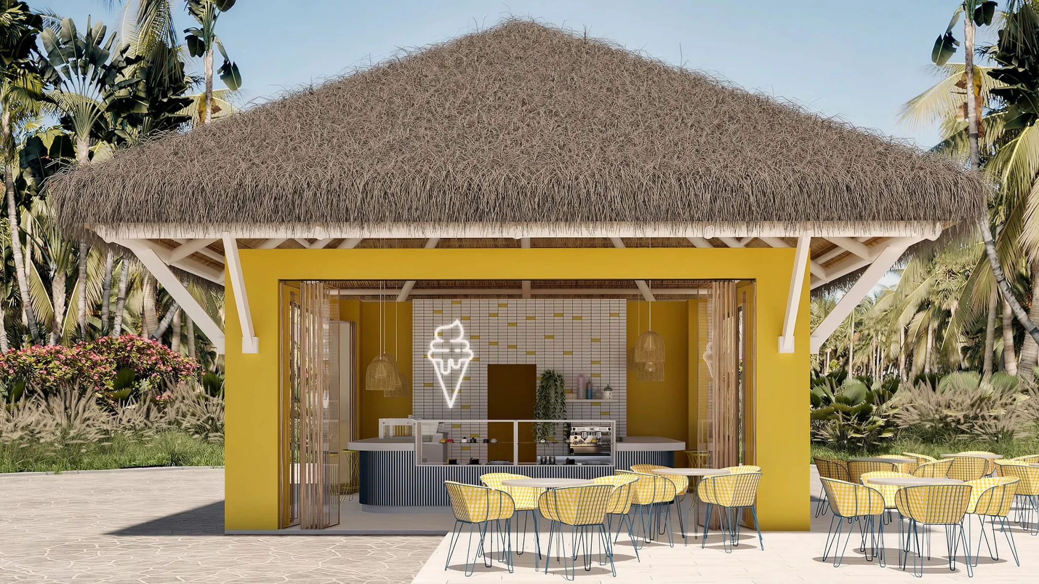 The Dolce ice cream parlor, a bright yellow building with a thatched roof and outdoor seating area.