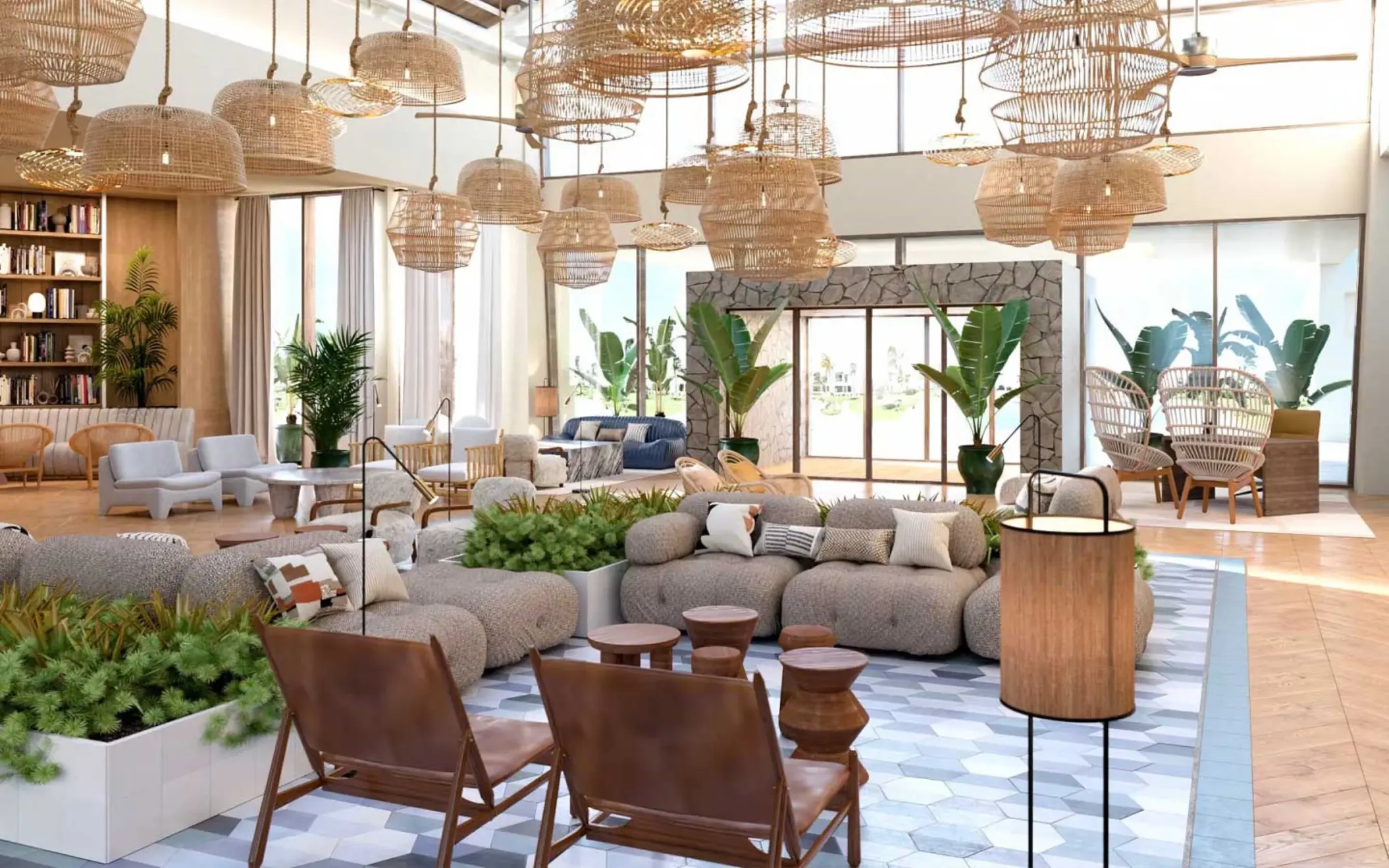 Modern lobby area with woven pendant lights, comfortable seating, and indoor plants at Dreams Playa Esmeralda, Miches
