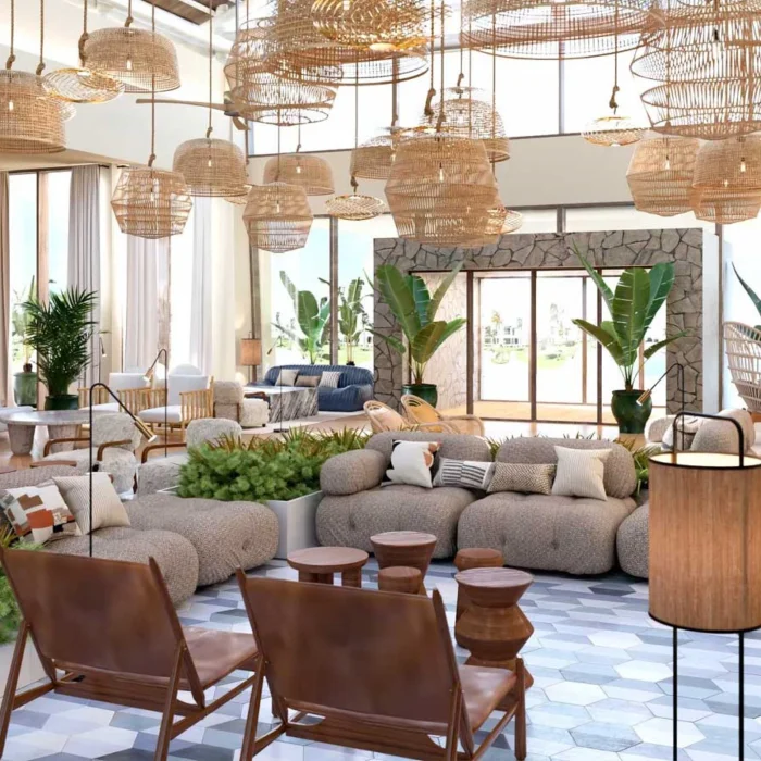The inviting and modern lobby of Dreams Playa Esmeralda, featuring natural decor and comfortable seating areas.