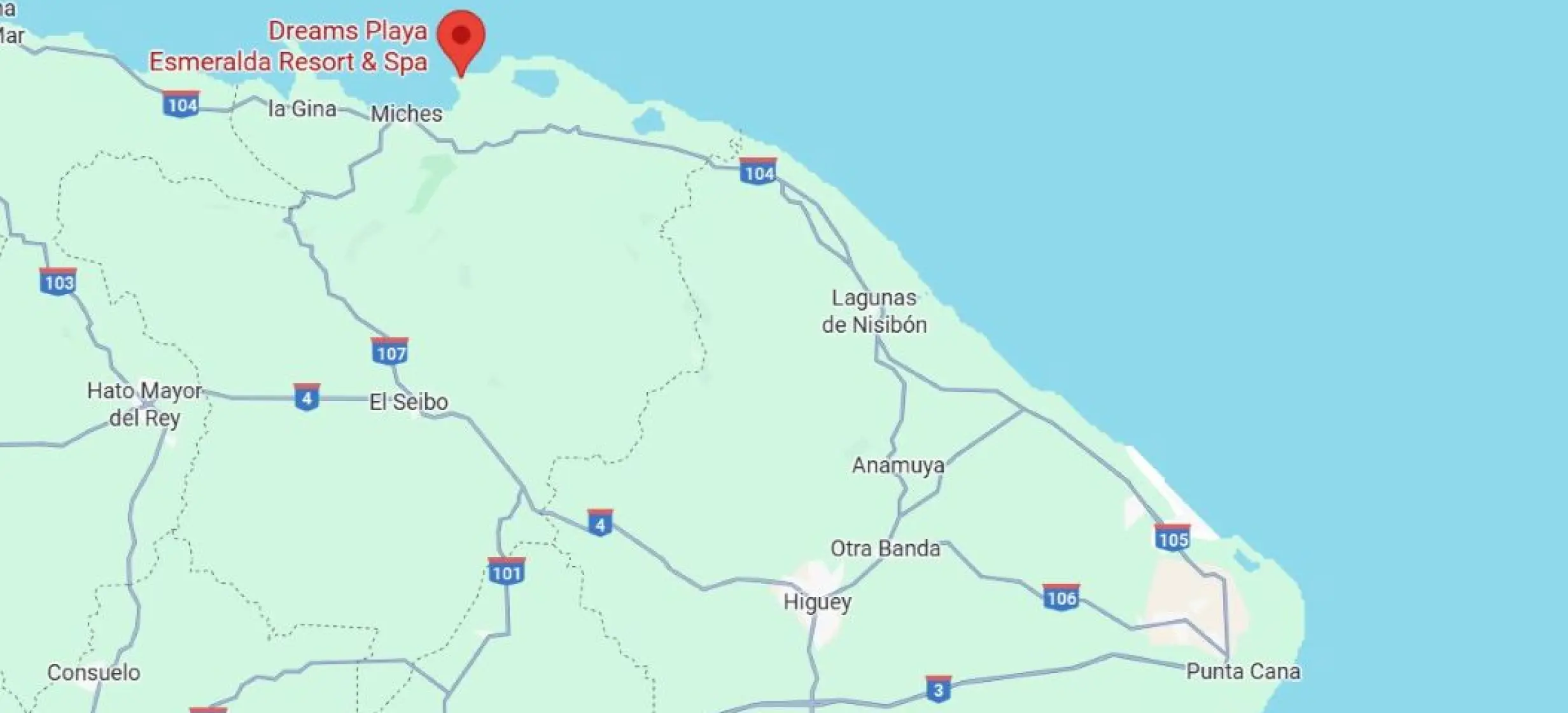 Map screenshot showing the beachfront location of Dreams Playa Esmeralda in Miches
