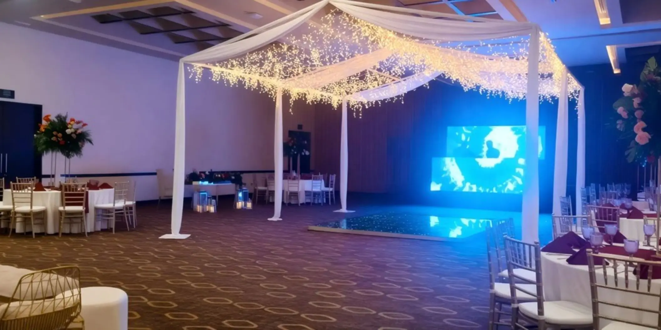 Granada Ballroom wedding reception with canopy lights at Dreams Puerto Morelos, Riviera Maya