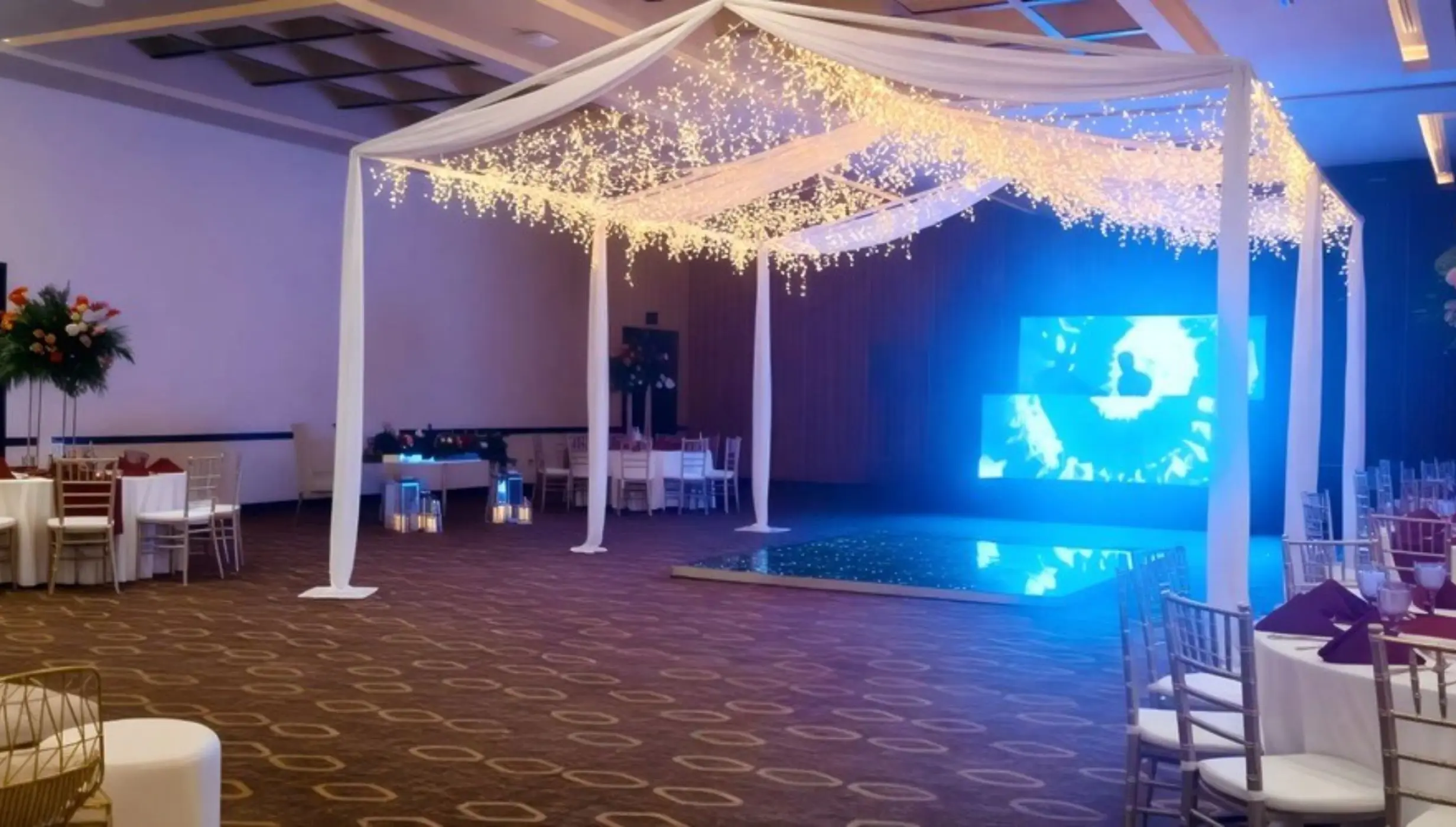 Granada Ballroom wedding reception with canopy lights at Dreams Puerto Morelos, Riviera Maya
