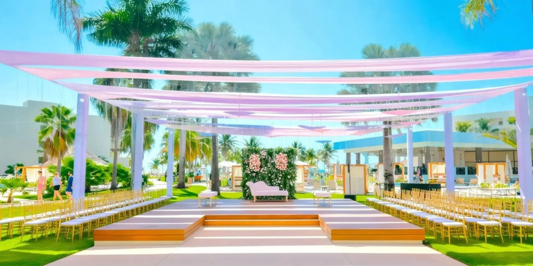Guava Garden wedding ceremony setup with pink fabric draping and gold chairs at Dreams Puerto Morelos, Riviera Maya