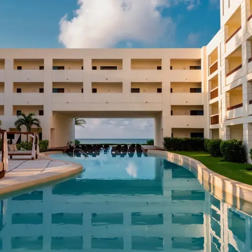 Main pool and guest room buildings at Dreams Puerto Morelos, Riviera Maya