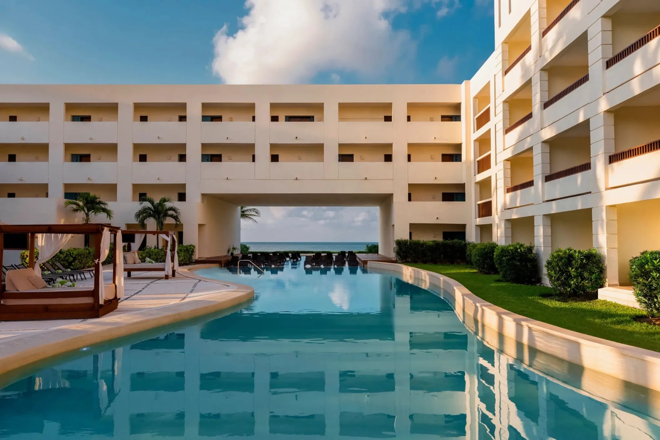 main pool and buildings at Dreams Puerto Morelos Resort & Spa