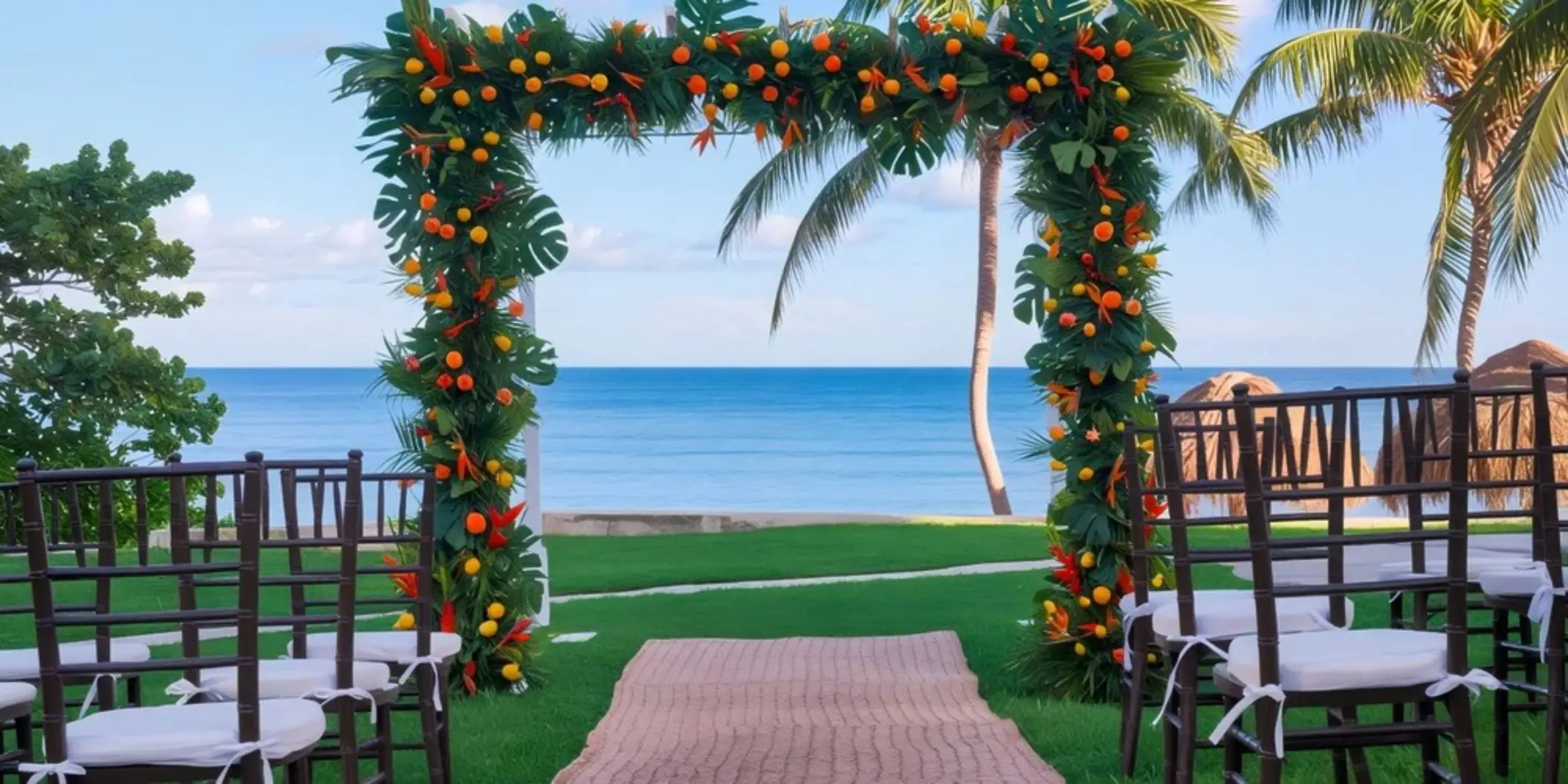 Tropical wedding ceremony arch with citrus fruit at Dreams Puerto Morelos, Riviera Maya