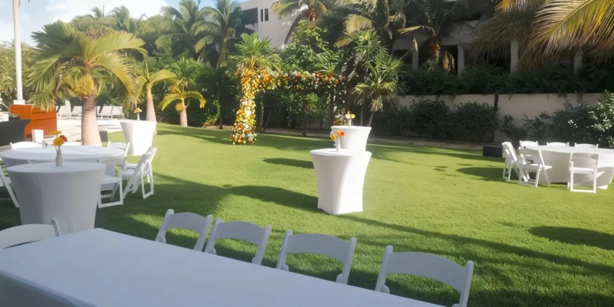 Mango Garden wedding reception setup with white tables and chairs at Dreams Puerto Morelos, Riviera Maya
