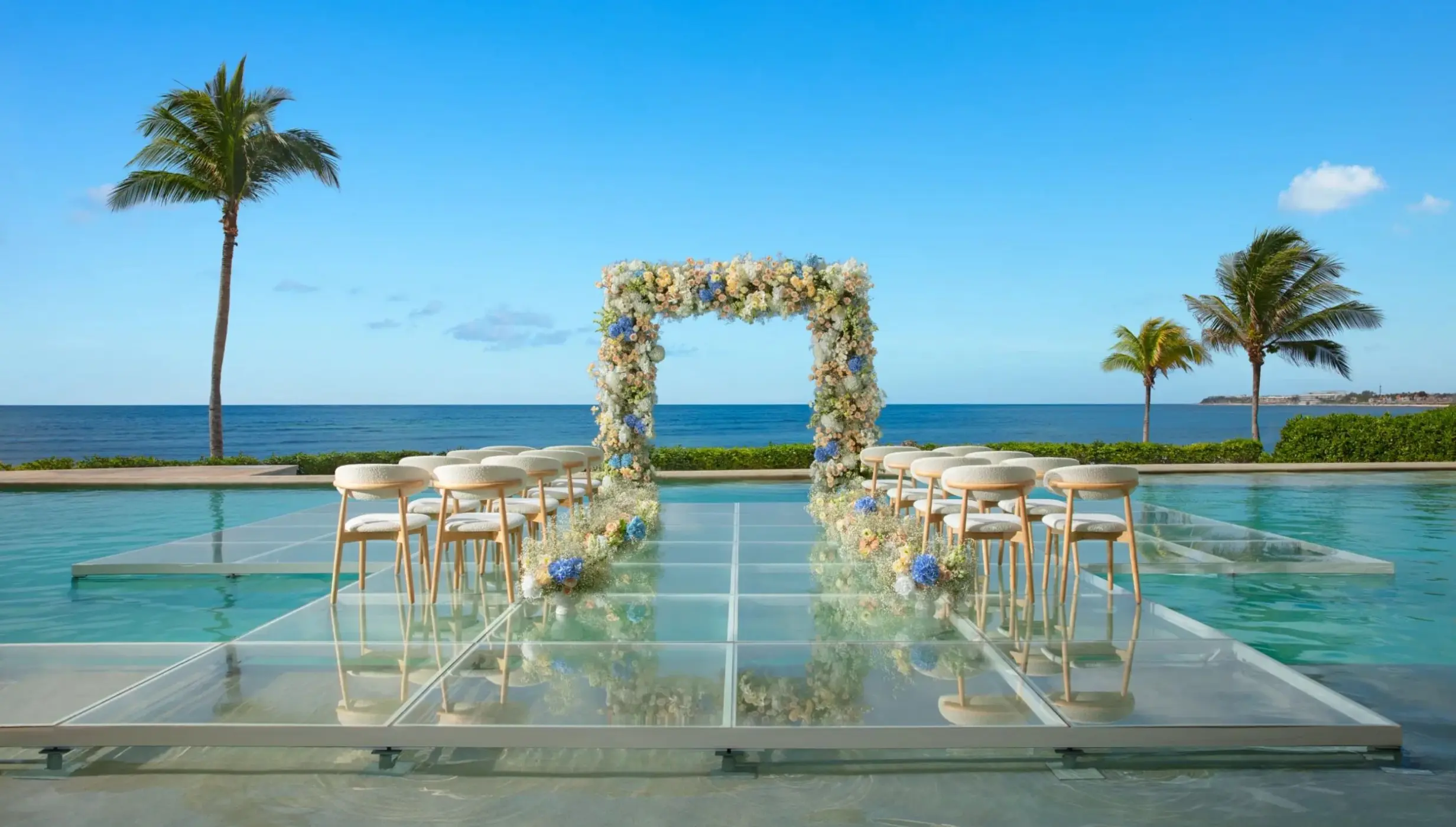 overwater ceremony setup at pool deck 6 at Dreams Puerto Morelos Resort & Spa