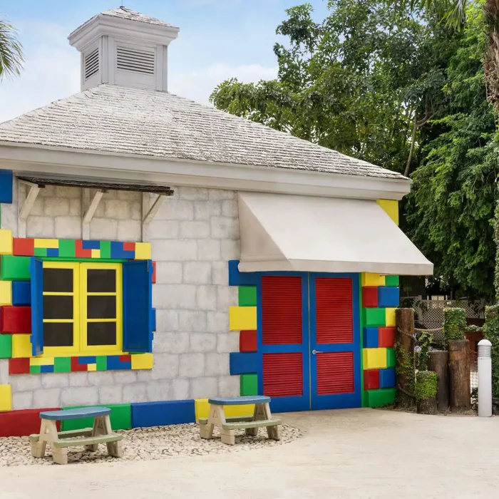 The resort's colorful and fun Kids Club building, designed to look like it's made of toy blocks.