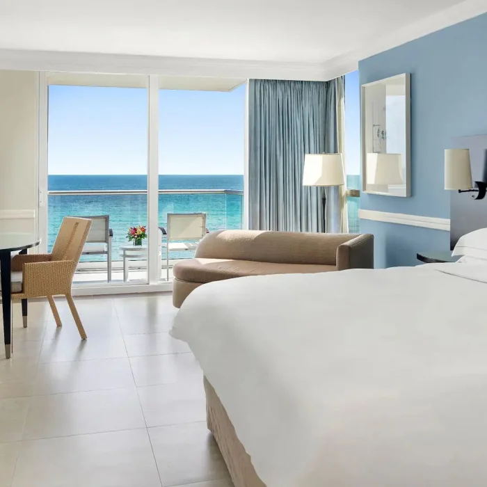 An Oceanfront King room featuring a comfortable king bed and a balcony with a stunning, direct view of the sea.