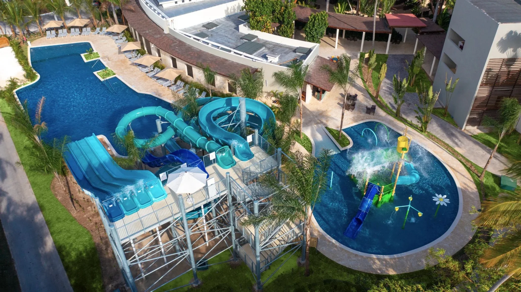 aerial view of the waterpark and kids pool at Dreams Royal Beach Punta Cana