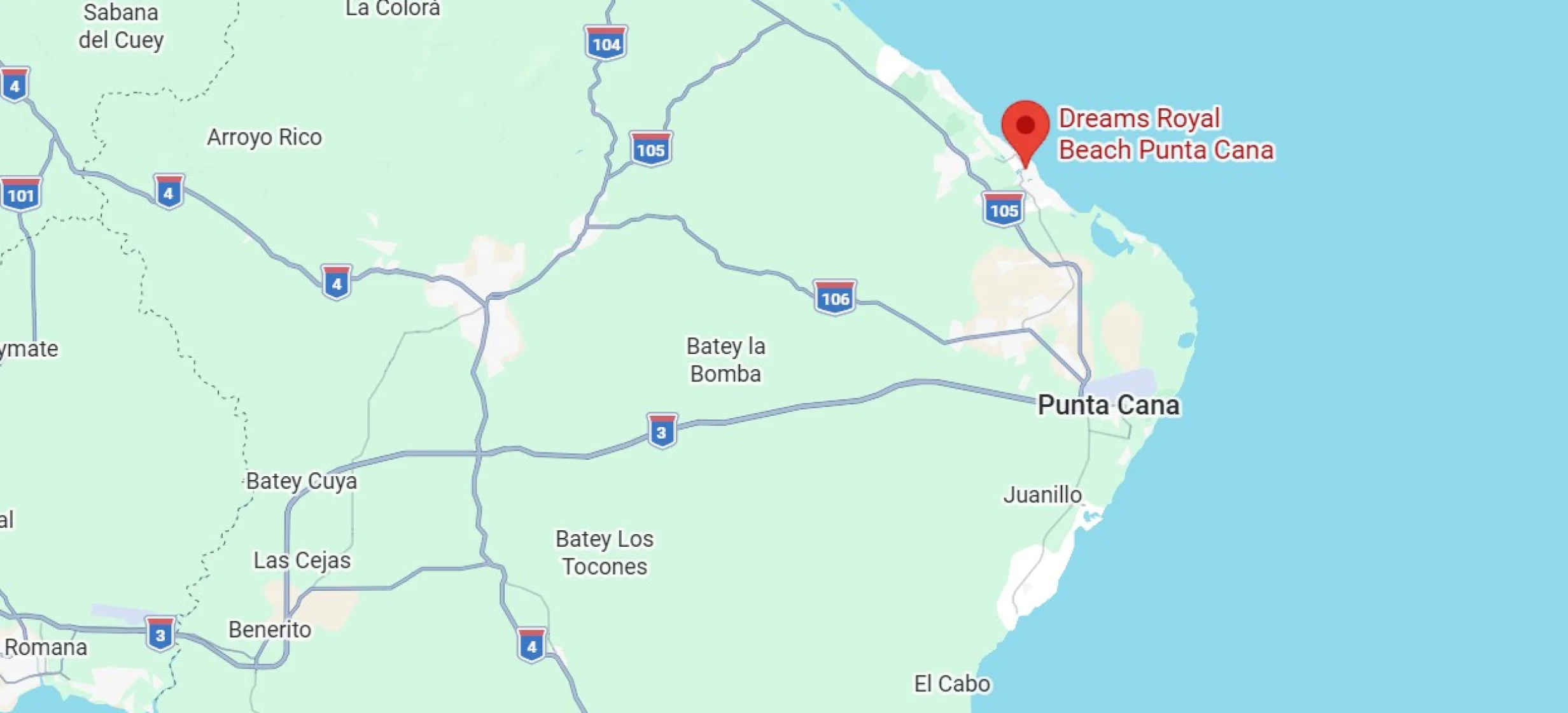 Map showing location of Dreams Royal Beach Punta Cana in the Dominican Republic