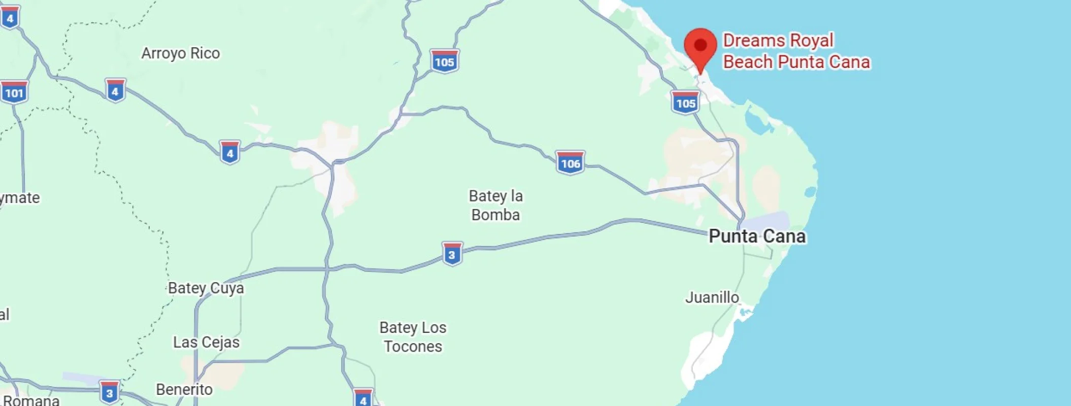 Map showing location of Dreams Royal Beach Punta Cana in the Dominican Republic