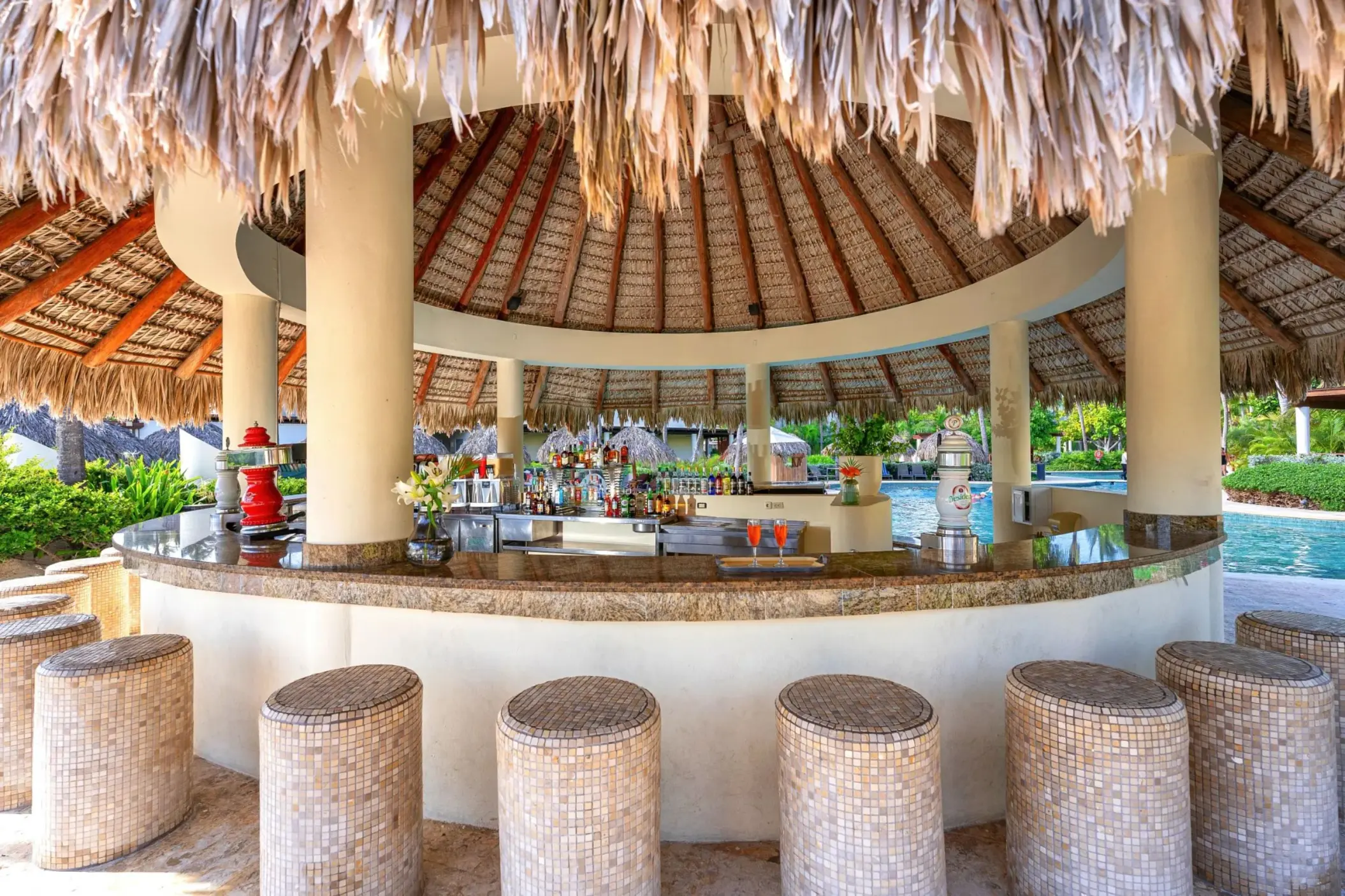 The Reef Bar under a palapa roof at Dreams Royal Beach, Punta Cana