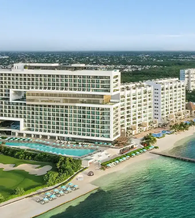 Aerial view of Dreams Vista Cancun buildings, golf course and beach, Cancun