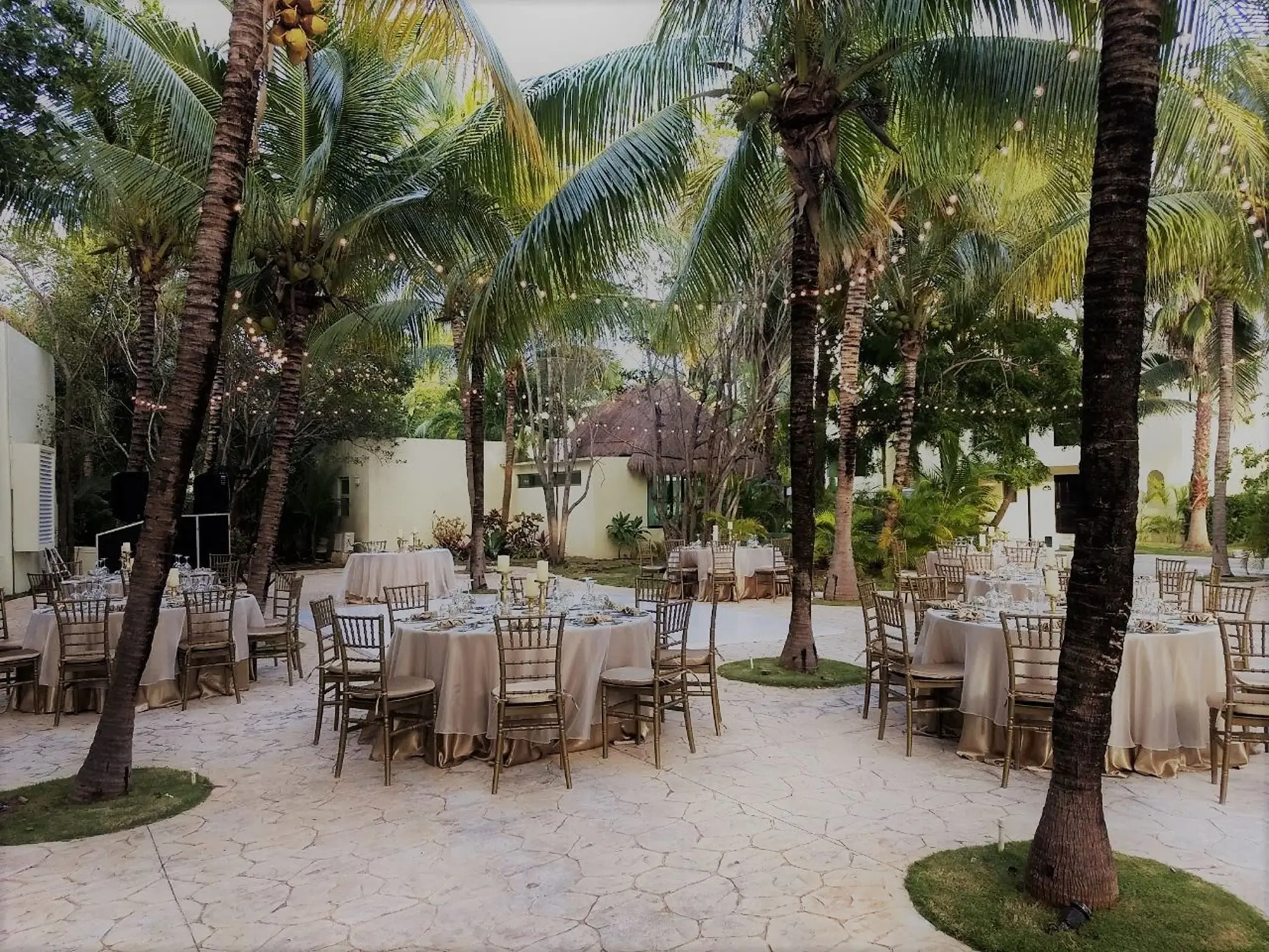 Outdoor wedding reception setup among palm trees at El Dorado Royale, Riviera Maya